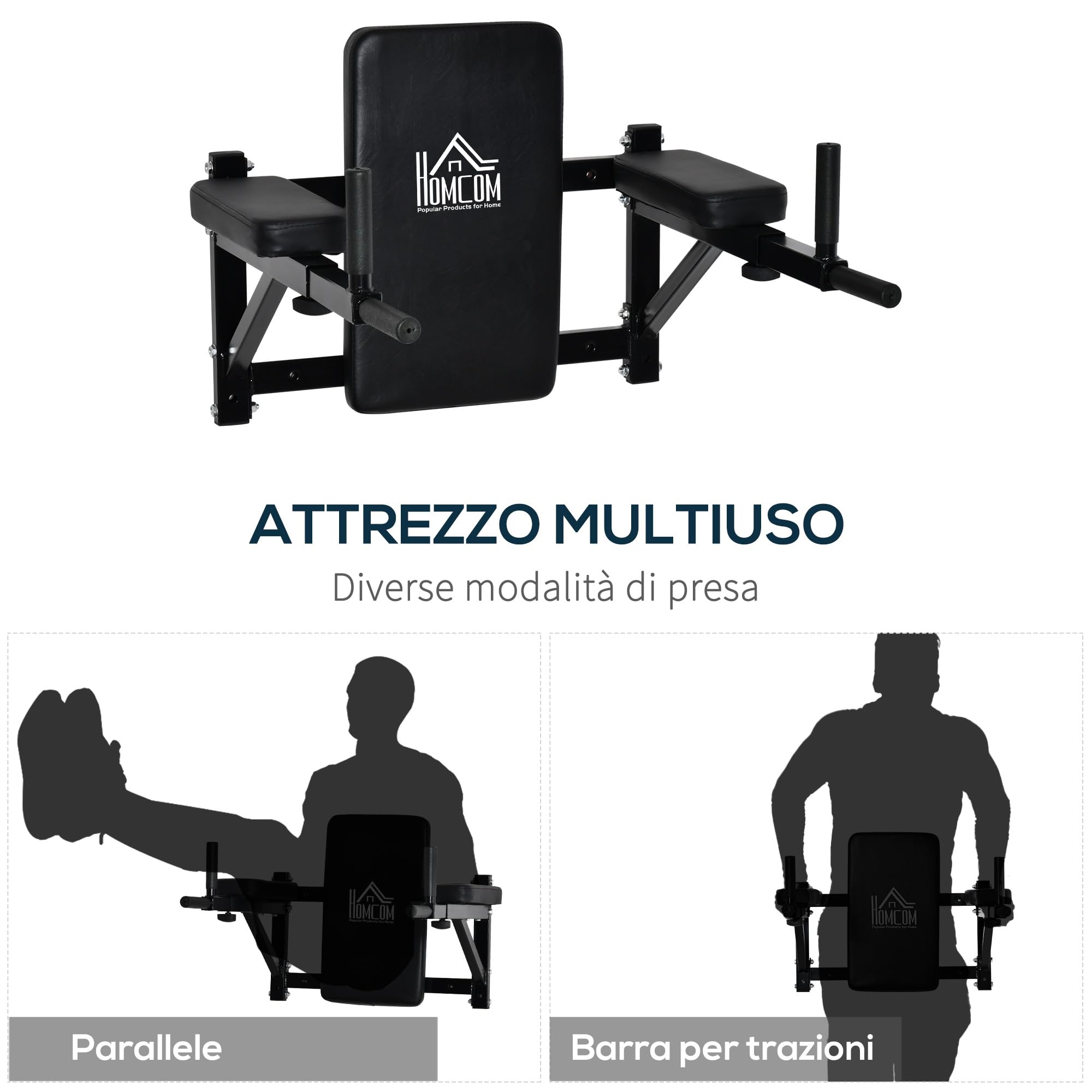HOMCOM Supporto per Sollevamenti Fissaggio a Parete, Sbarra per Trazioni per Allenamento Muscolari Tubi d'Acciaio, Nero