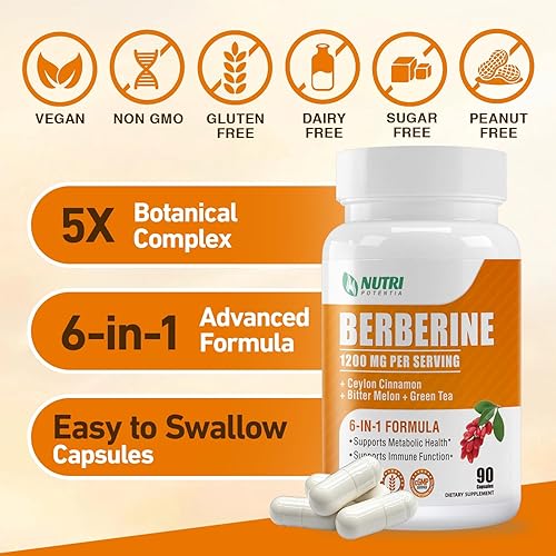 Miniatura 6 de Suplemento de berberina de 1200 mg - Complejo de berberina con canela de Ceilán, melón amargo y extracto de té verde, apoya la salud metabólica, sin