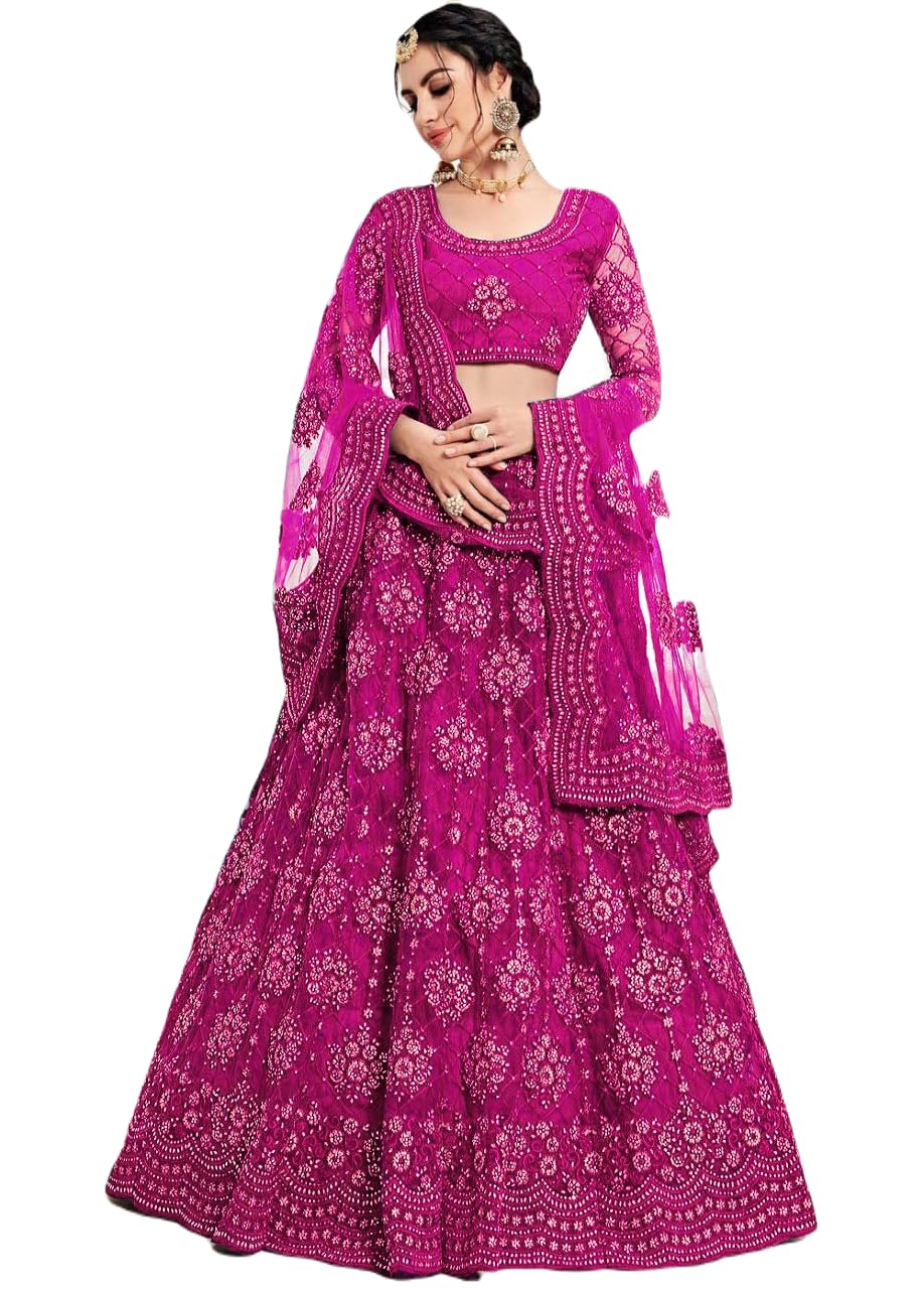 PREHANA FASHIONWomen's Soft Net/Satin Embroidery Semi Stitched Lehenga, Choli With Dupatta Set