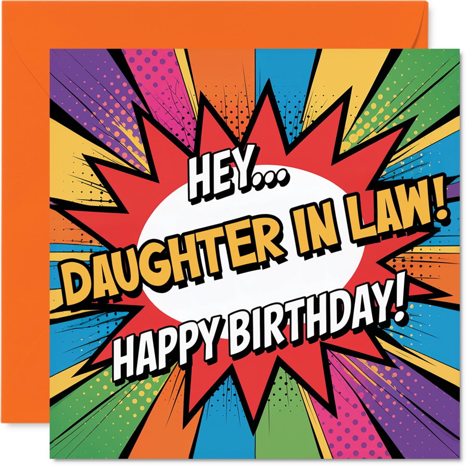 Playful Birthday Card for Daughter in Law - Big Birthday Cheers - Vibrant Comic Pop Art with Bold Multicolour Text - 145mm Square, Envelope Included