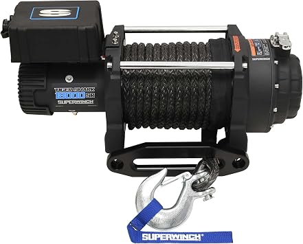 Superwinch 1518201 Tiger Shark 18000SR Winch 24V 18000lb8165kg Single Line Pull with Hawse Fairlead 33/64" x 79 Synthetic Rope Corded Handheld Remote