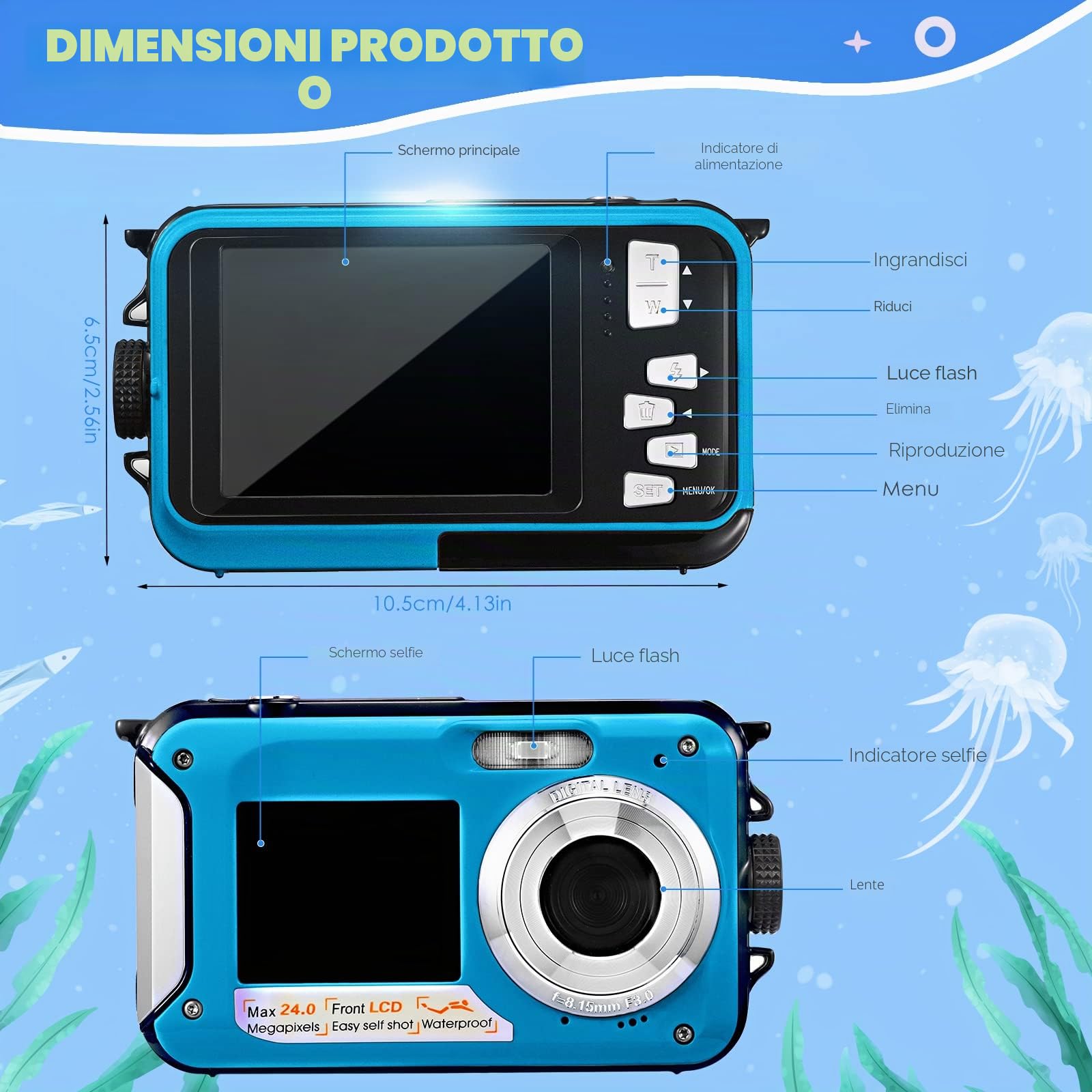 Fotocamera subacquea, Full HD 2.7K 24MP fotocamera digitale impermeabile, fotocamera compatta impermeabile 10FT, zoom digitale 16X, autofocus, fotocamera anti-shake per bambini, adolescenti