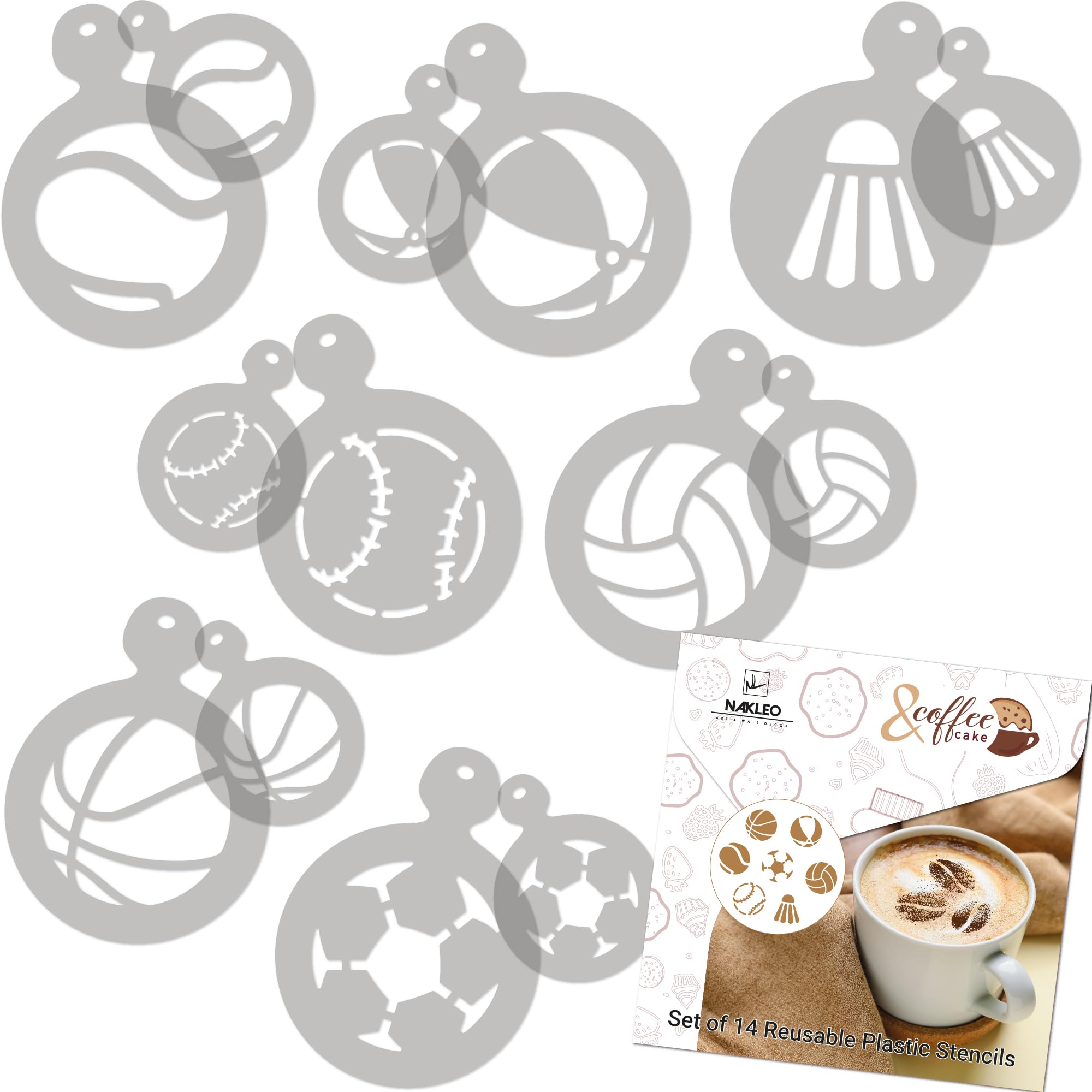 NAKLEO Coffee Stencils and Cookies Decoration 14Pcs 7x7 and 11x11cm, Reusable Plastic Baking Templates, Sport Football Balls