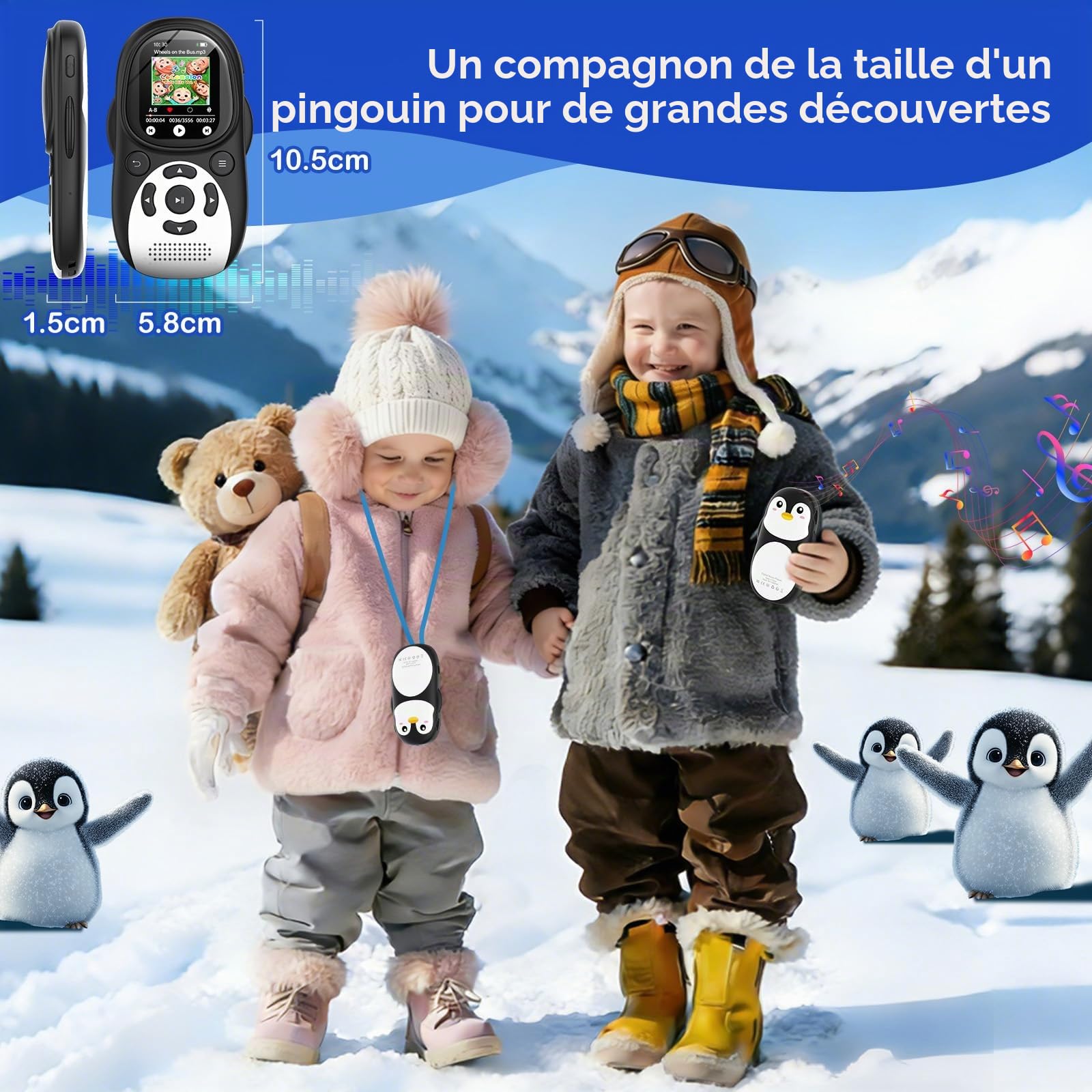 Lecteur MP3 Enfant Bluetooth 5.3 64Go Écran IPS 2 Pouces Radio FM 750mAh