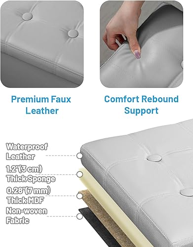 Miniatura 5 de AmasSmile Otomán de Almacenamiento Plegable Reposapiés con Bolsillo Lateral, Banco Reposapiés de Cuero de 16 Pulgadas, Banco Otomán Corto,