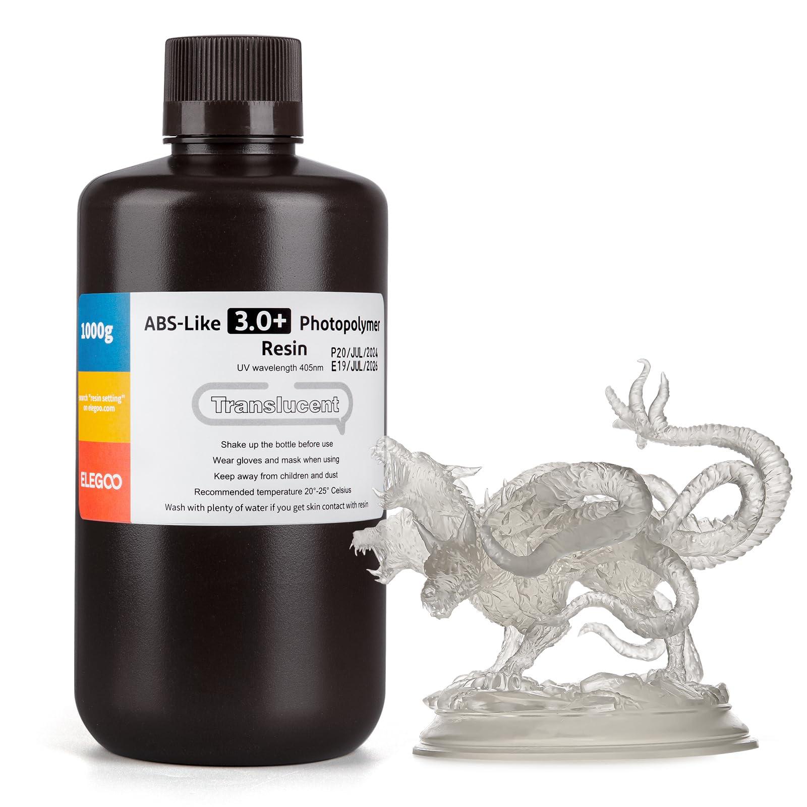 ELEGOO ABS-Like Resin 3.0 Plus, Ulepszona Żywica Fotopolimerowa do Drukarek 3D, Wyższa Odporność Na Ciepło, Szybkie Utwardzanie, Wysoka Precyzja, Niełamliwość, 1000g Przeświecający