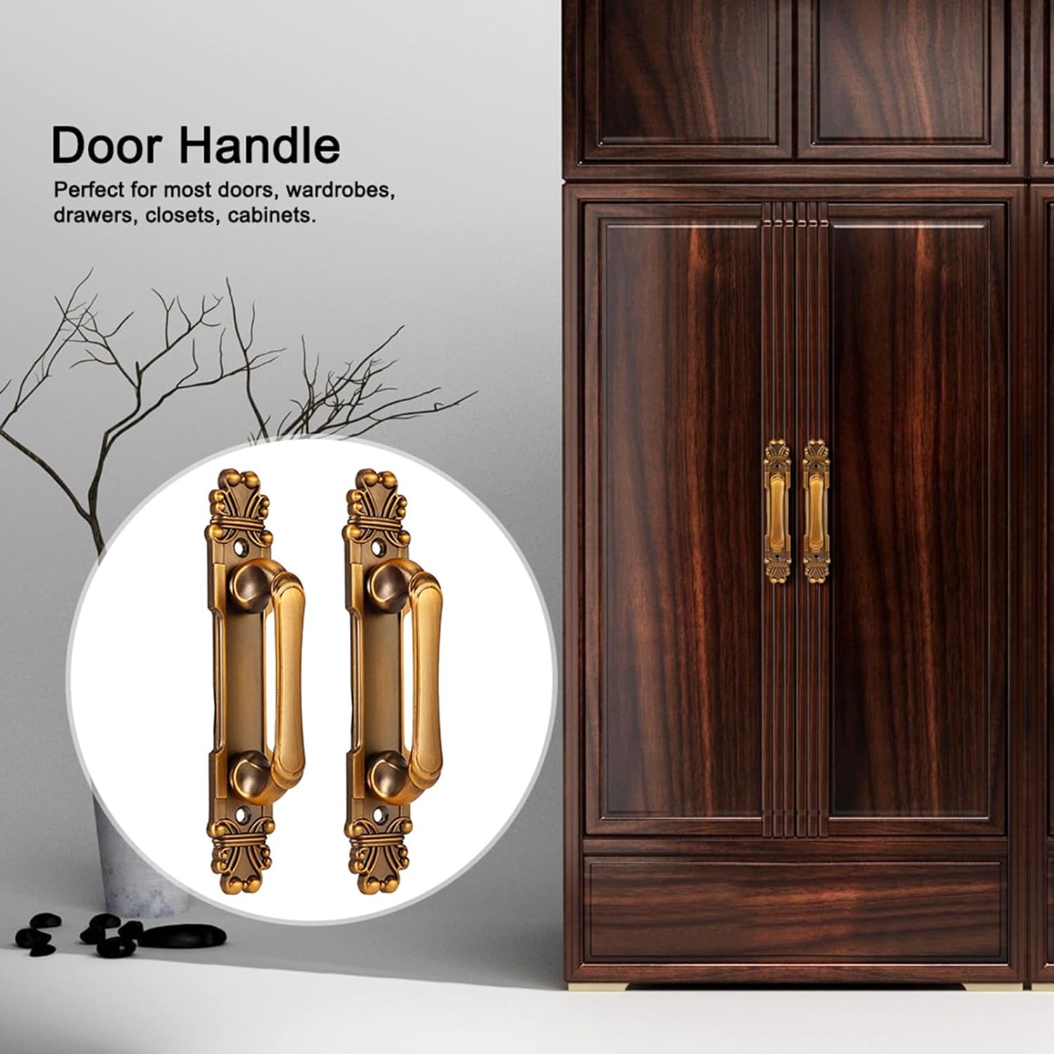 2Pcs Antique Door Pull Handles, 6.5 x 1.2 x 1.4in Decorative Door Handles, Zinc Alloy Vintage Door Handle with 4Pcs Screws for 0.6in Thickness Wardrobes, Cabinets