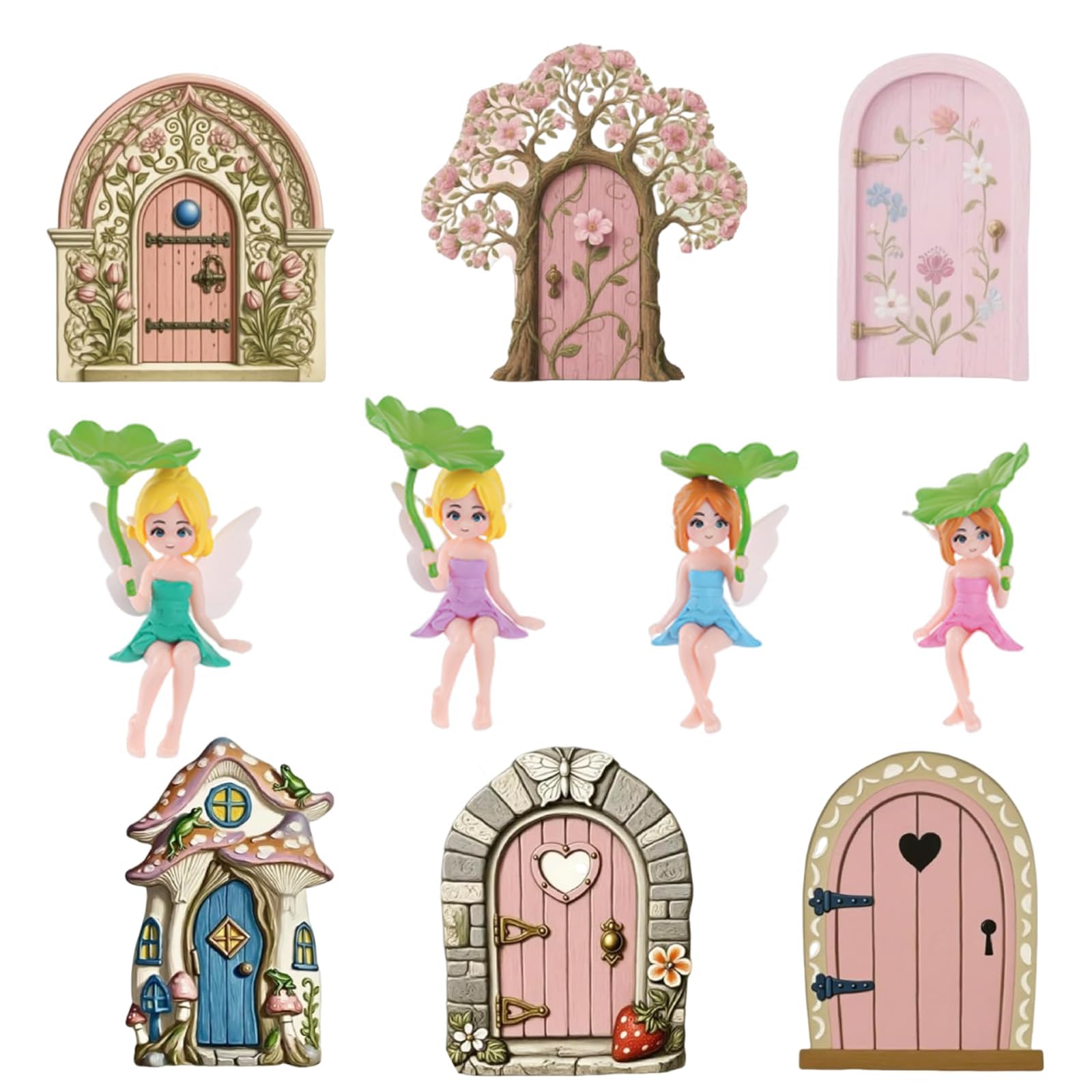 KxrTpx 10 Fairy Garden Accessories with Fairy Doors, 10-Piece Outdoor Fairy Garden Ornaments Set for Garden Fairies, Enchanted Fairy Garden Kit with Decorative Fairy Doors for Garden
