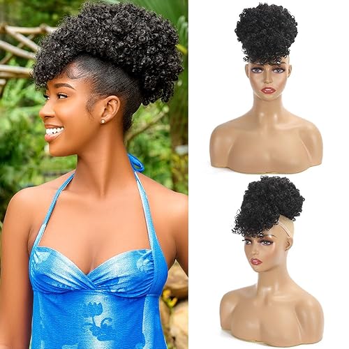 Miniatura 1 de CECINILL Cola de caballo afro con cordón y flequillo, extensión de cola de caballo para mujeres negras, postizo corto y rizado con clip (2#)