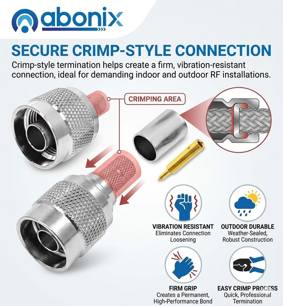 ABONIX N Male Crimp Connector N Type Plug Adapter for Cable HLF-300 and LMR-300 RF Coaxial Connector (Pack of 2) 3