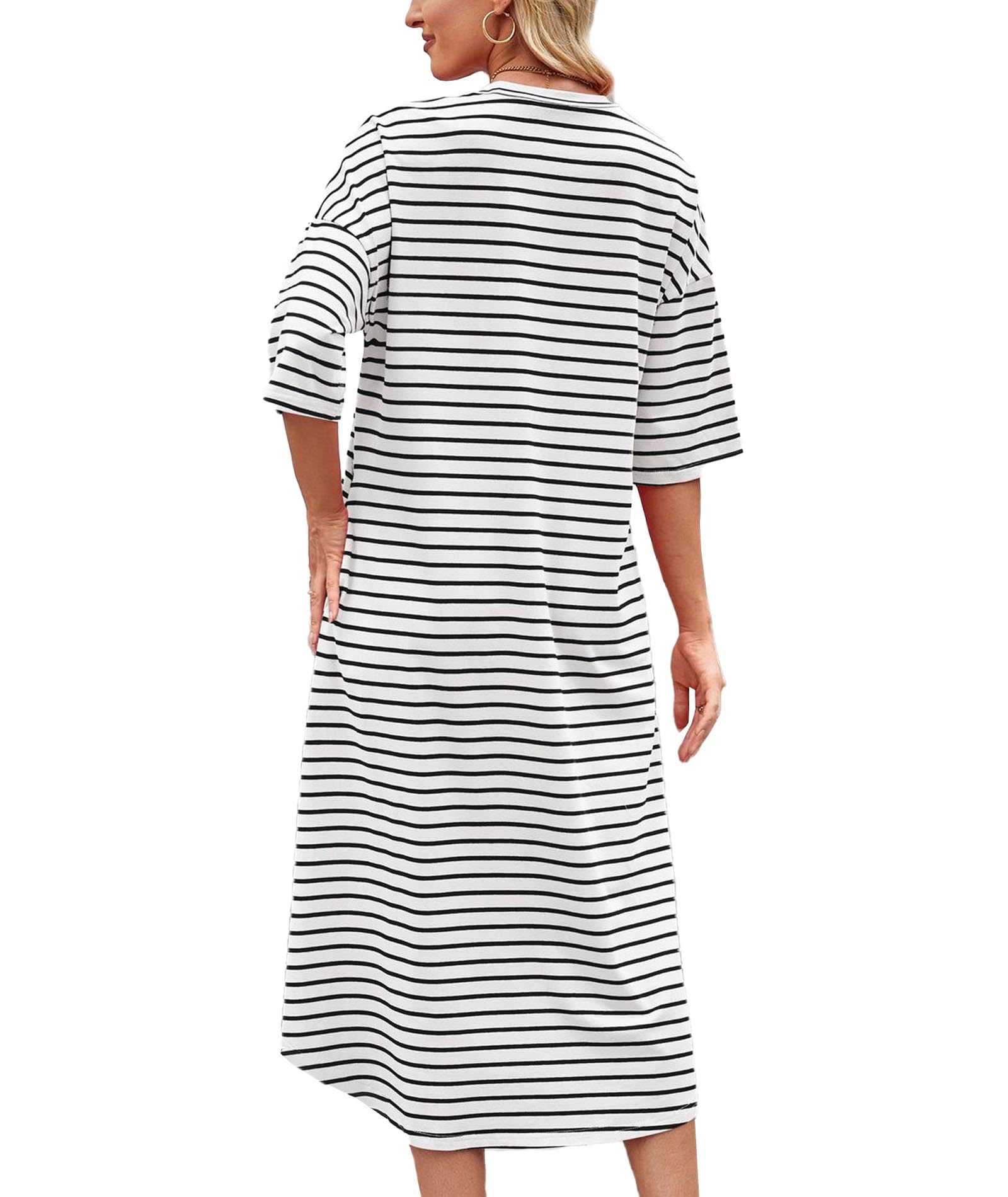 xxxiticat Abito da donna casual, estivo, spiaggia, vacanze, nero e bianco, a righe, con tasca