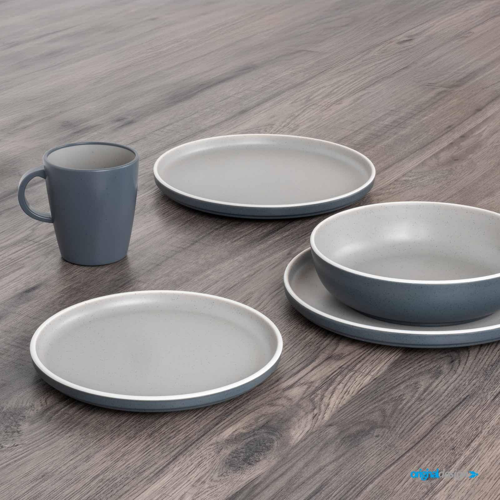 BRUNNER: Melamin Geschirr-Set Camping | 36-tlg - Teller, Becher, Besteck, Gläser für 2-4 Personen | TRILOGY GREY All Inclusive - Kratzfest, Hochwertig+edel | Steingutoptik + Porzellanhaptik | AntiSlip