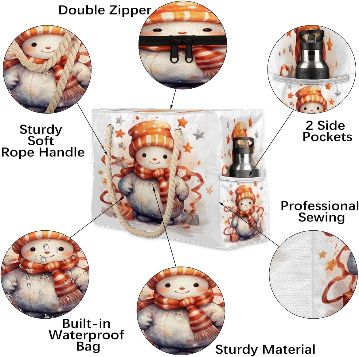 Cute Cartoon Watercolour Snowman Beach Bag for Women Waterproof Sandproof Tote with Zipper Cotton Rope Handles for Travel Pool Gym Shopping