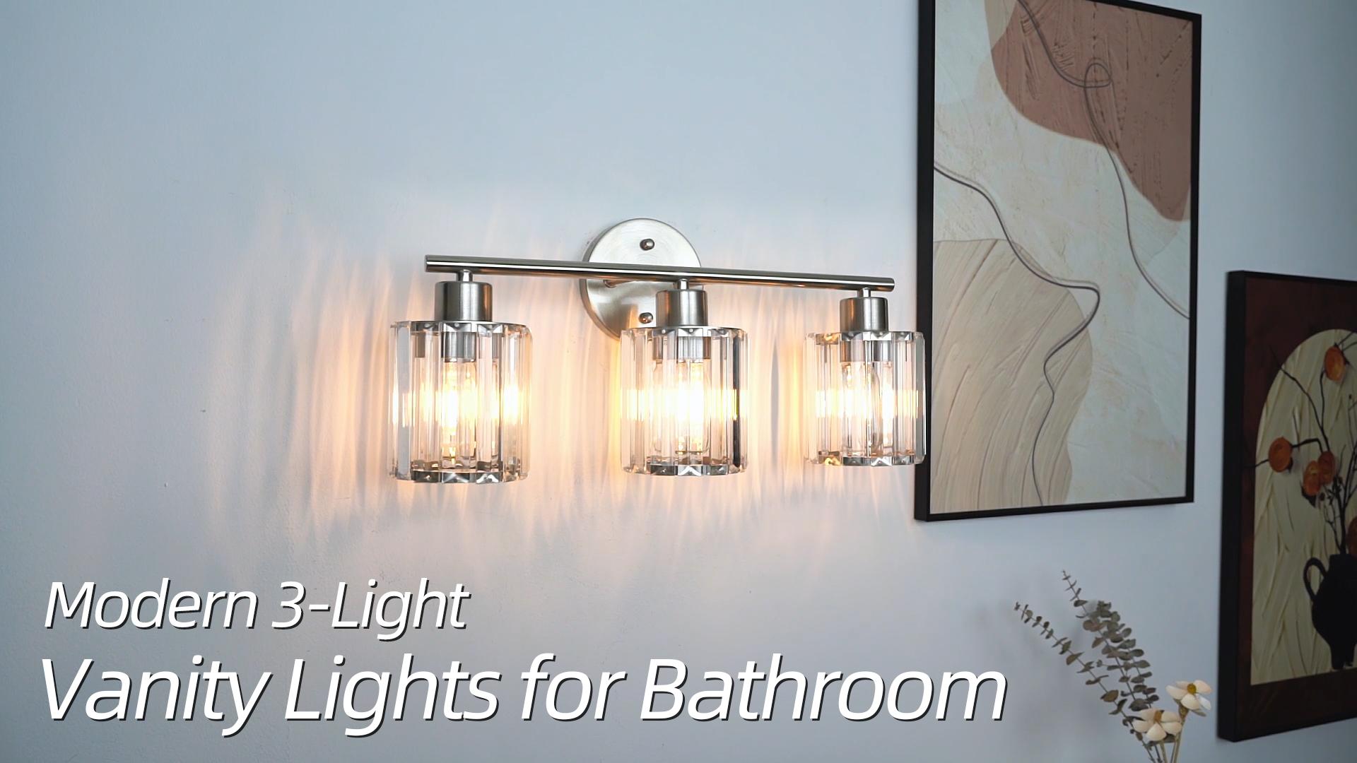 Image of Modern Brushed Nickel Crystal Bathroom Light Fixtures,3-Light