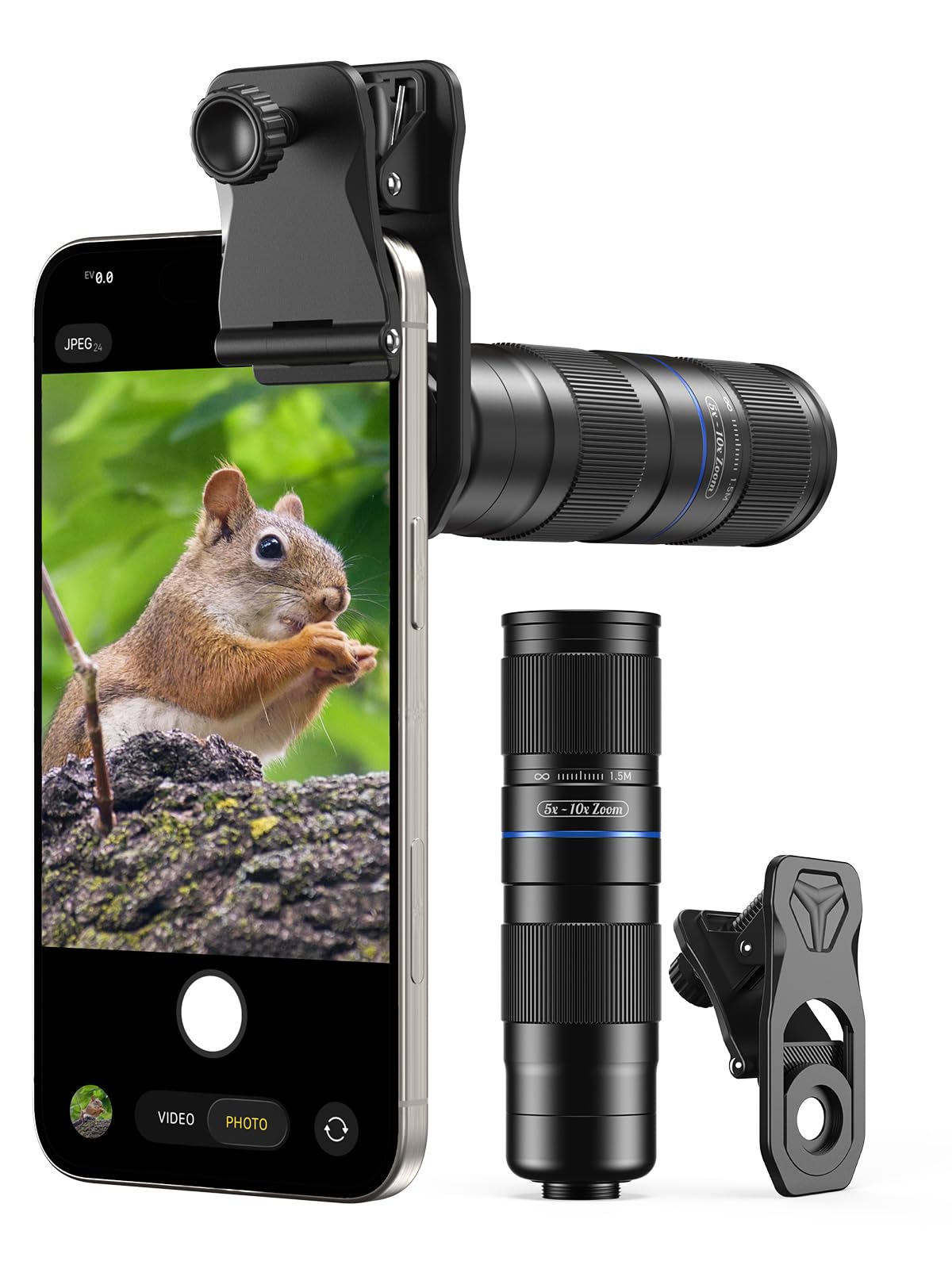 APEXEL Kompaktes 5x-10x Zoom-Teleobjektiv für Handy mit Universalclip, Doppelvergütung, 150-300 mm Brennweite, Kompatibel mit iPhone 17/16/15..., Samsung, Xiaomi und Anderen Handys, Glänzend Schwarz