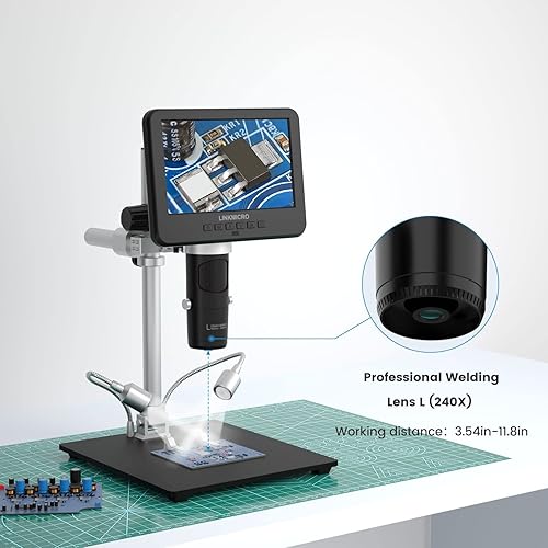 Miniatura 5 de LM246MS Microscopio digital HDMI de 3 lentes de 7 pulgadas 2000X para soldadura con soporte de brazo de 13 pulgadas, UHD 2160P, microscopio de