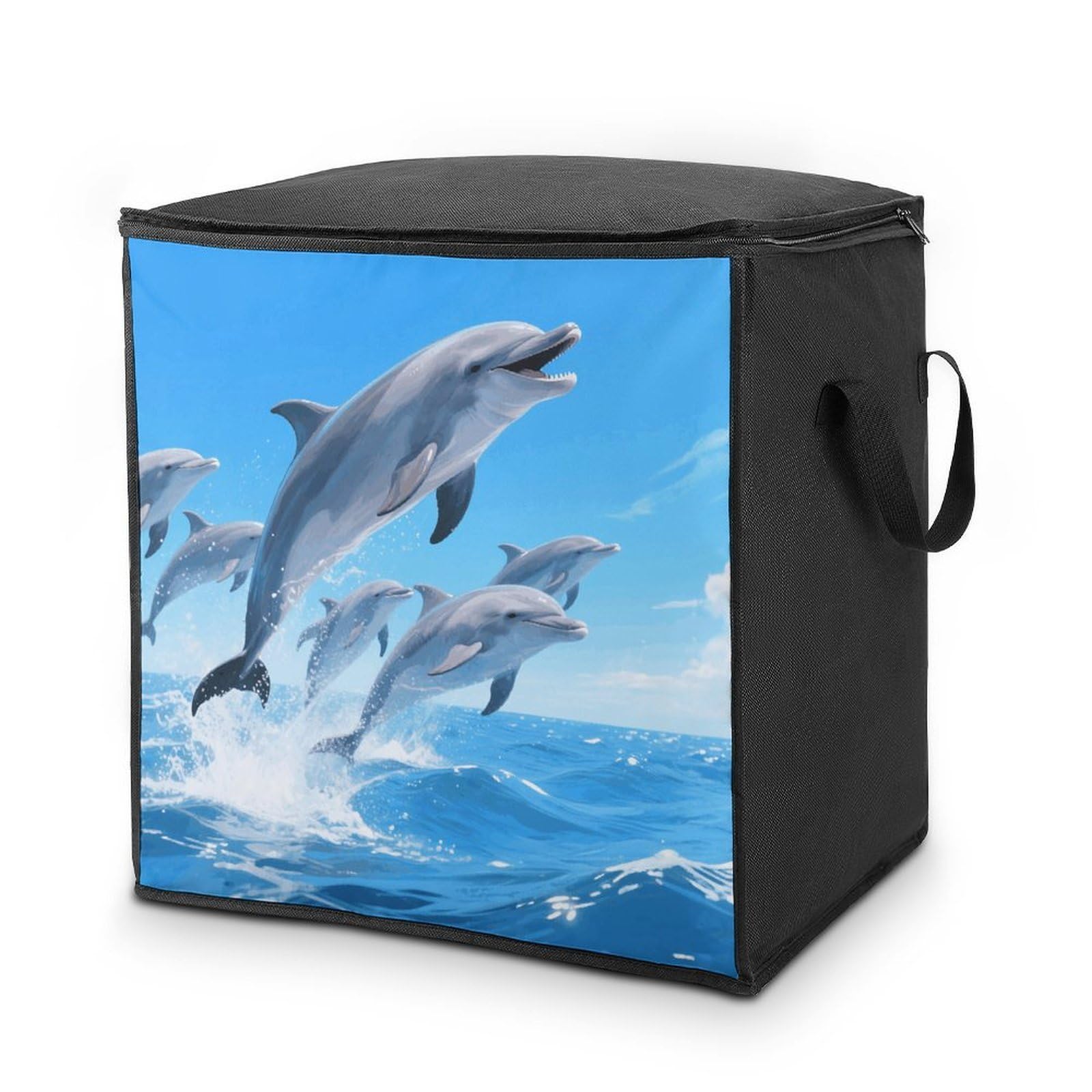 Dolphins Large Storage Bags with Zippered Storage Organizers Bag Clothes Storages Bins with Lids Foldable Storages Containers with Reinforced Handles for Blanket Bedding