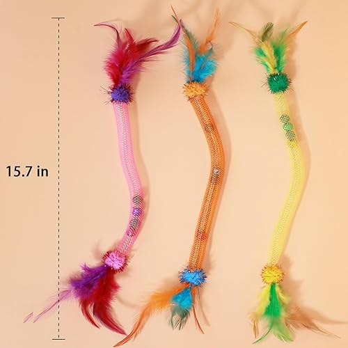 Miniatura 7 de Juguetes interactivos para gatos con plumas, tubos de malla elásticos con campana y hierba gatera en el interior, cuerda de juego interactiva