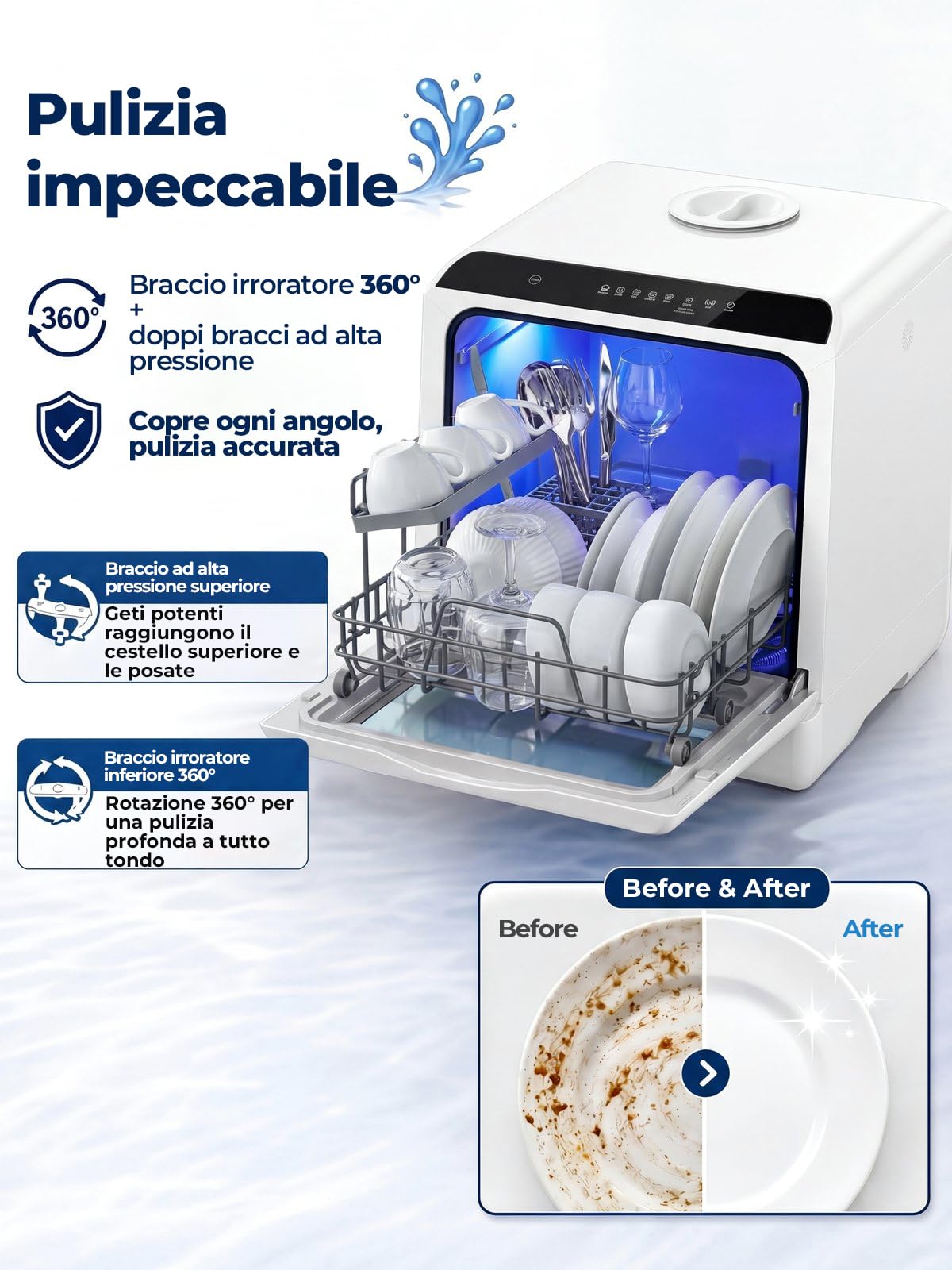 FOHERE Mini Lavastoviglie Con Serbatoio Da 5 Litri, Funzione Timer, Collegamento Dell’Acqua 2 In 1, 6 Programmi, Display LED，Lavastoviglie Da Tavolo E Mini Pulitore Per Ufficio, Monolocale E Camper
