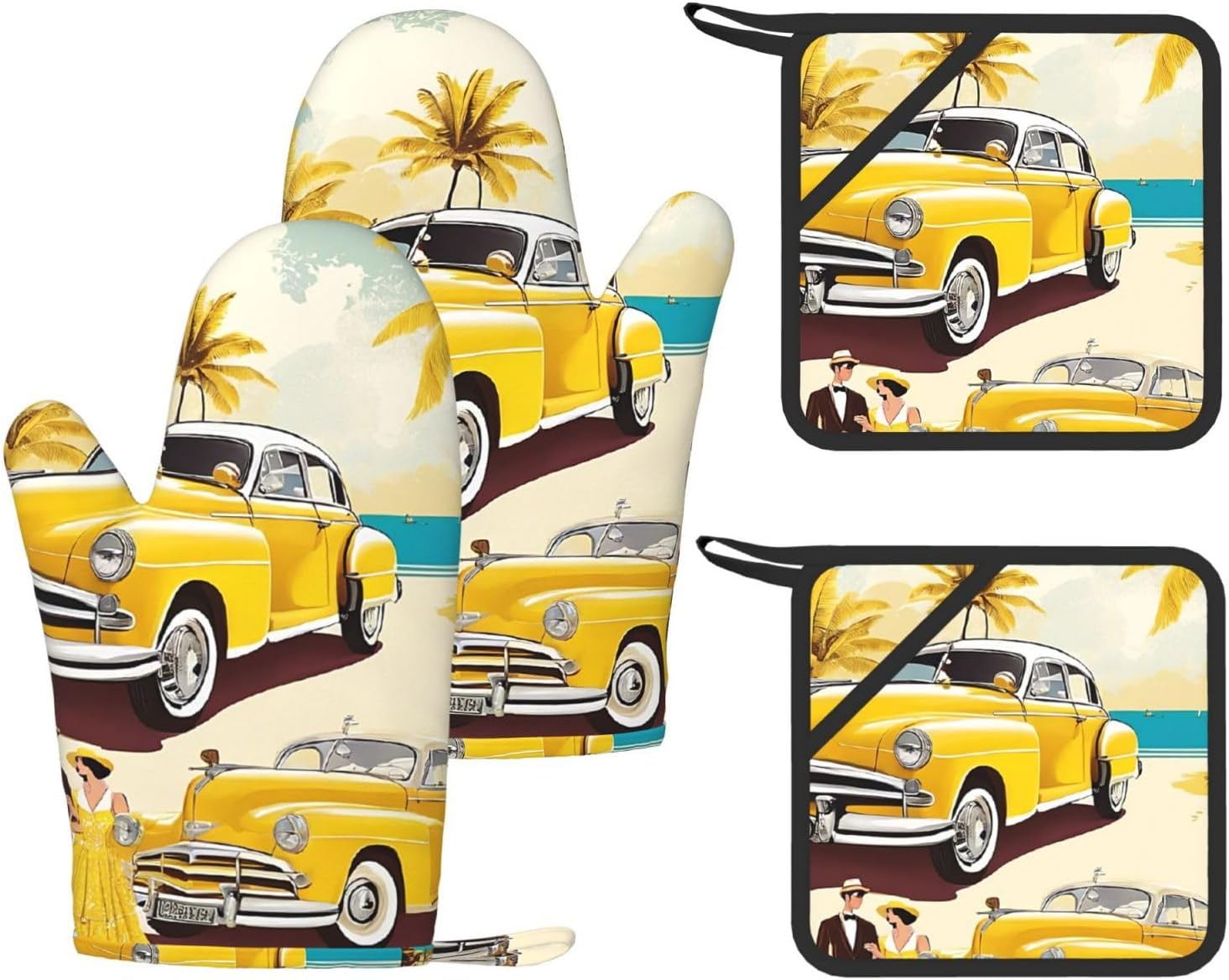 Island of Cuba Oven Mitts and Pot Holders Set of 4 Heat Resistant Kitchen Gloves with Silicone Palm Hot Pads for Baking Cooking Grilling BBQ