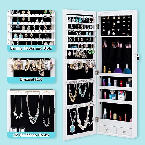 Miniatura 3 de HomVent Armario de joyería con espejo de 6 LED, espejo con almacenamiento de joyas, organizador de armario de joyería con cerradura, armario de