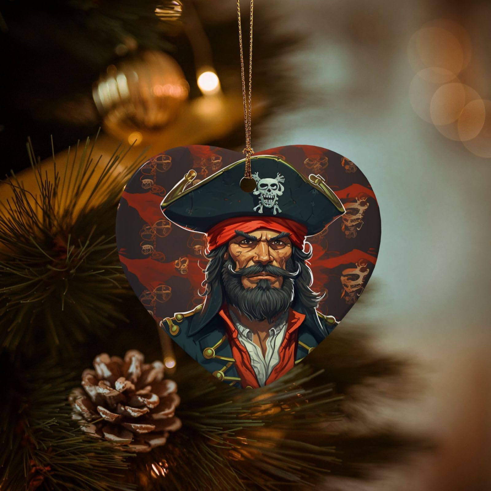 Christmas Ornaments for Christmas Tree Decoration Hanging Pirate Captain Ornament with Gold Ribbon Crafts Heart Shape Ceramic Pendant for Keepsake Gifts Xmas Decor Party Supplies