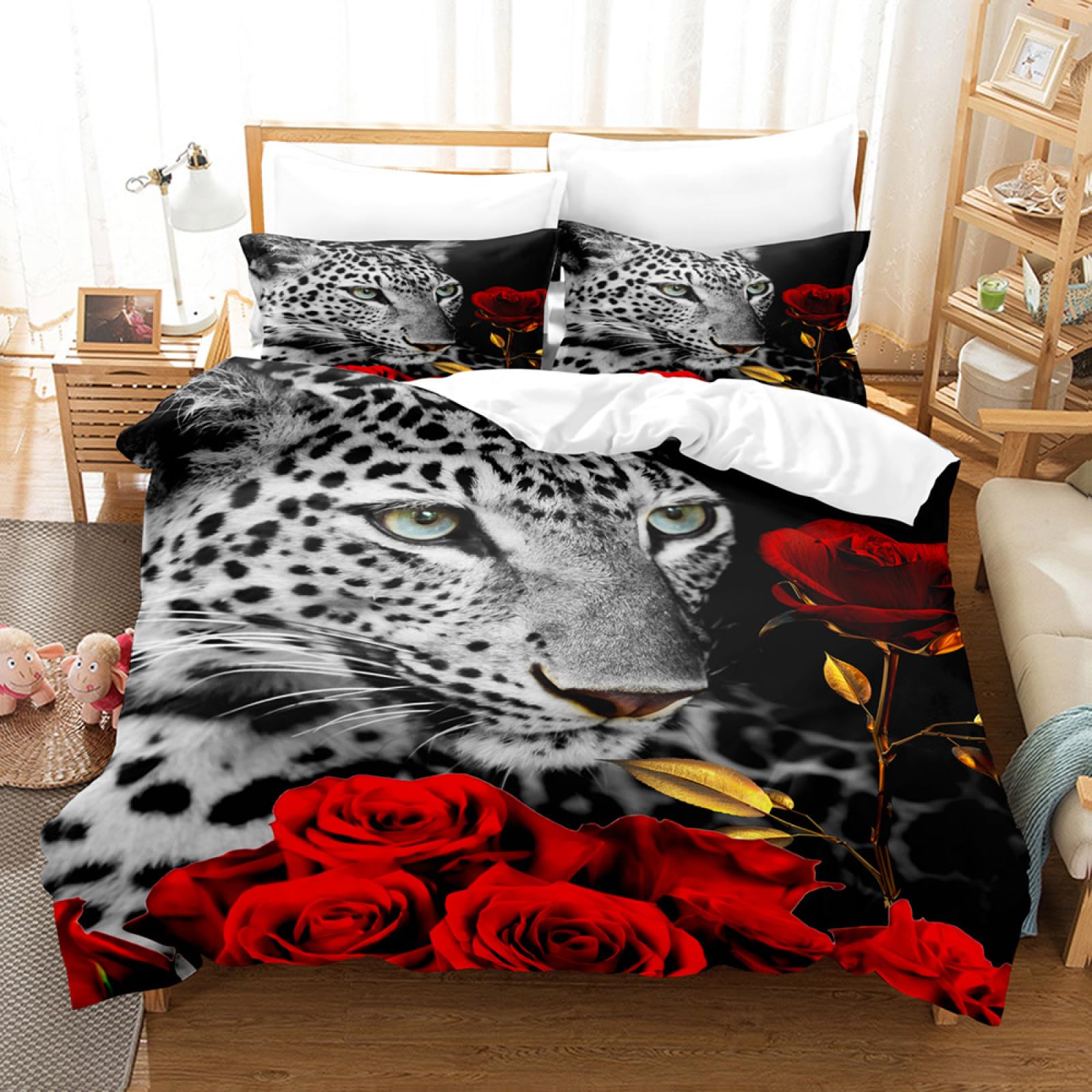 King Size Duvet Cover Sets Leopards And Flowers Duvet Cover Sets 230X220,Bedding 3 Pcs with Zipper Closure + 2 Pillowcases,Duvet Cover Microfiber Ultra Soft