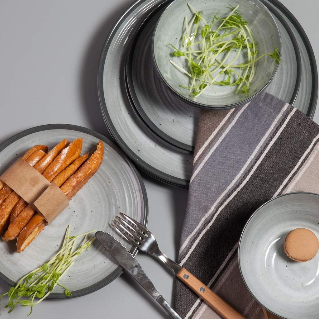 24-Piece Swirl Grey Melamine Plastic Dinnerware Sets for 8, Melamine Plates Set of 24PCS, Plates and Bowls Sets for Camping (Cool Grey)