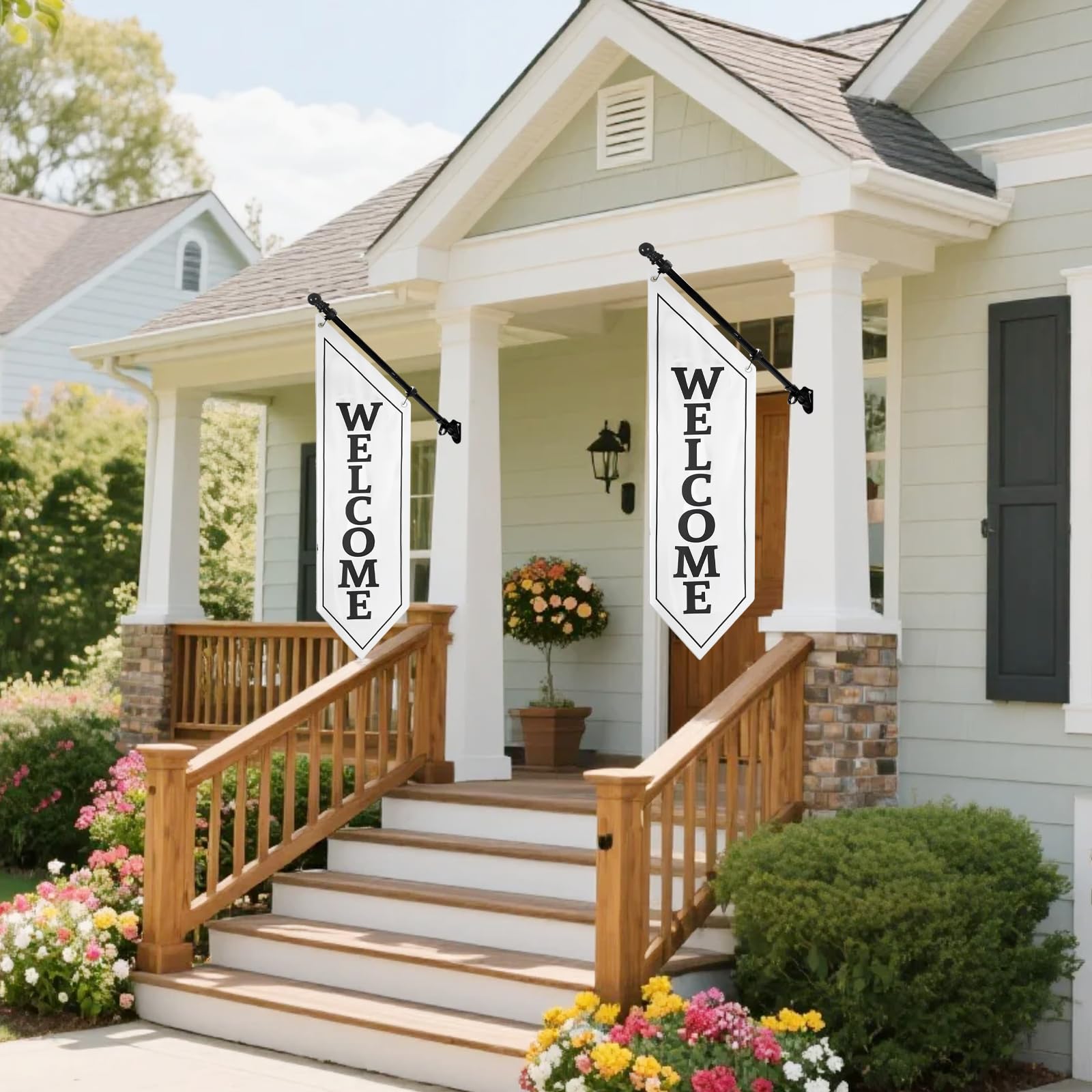 Strapazierfähiges, doppelseitiges Willkommensflaggen-Set, 106,7 x 35,6 cm, Outdoor-Leinwand-Banner mit Stange und Metallhalterung, Business-Schild für Einzelhandel, Geschäft oder Restaurant