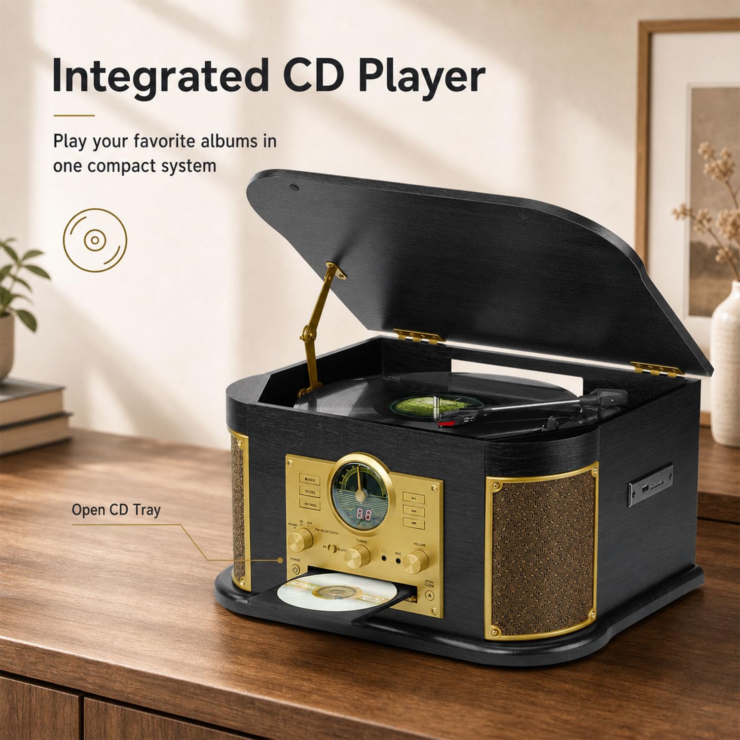 Platine Vinyle Bluetooth avec Haut-parleurs intégrés, Tourne-Disque rétro Tout-en-Un avec CD, Radio FM, Enregistrement USB/SD, entrée AUX, Sortie RCA, numérisation Vinyle