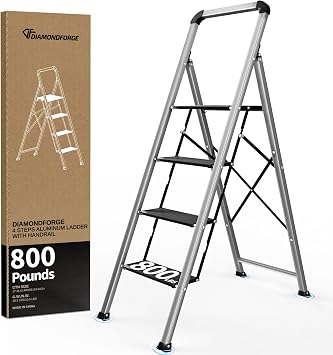 DIAMONDFORGE 4 Step Ladder with Handrail, 800 lbs Capacity Aluminum Ladder, Folding Step Stool, Anti-Slip Sturdy and Wide Pedal, Lightweight and Portable Stepladder for Home,Office, Grey
