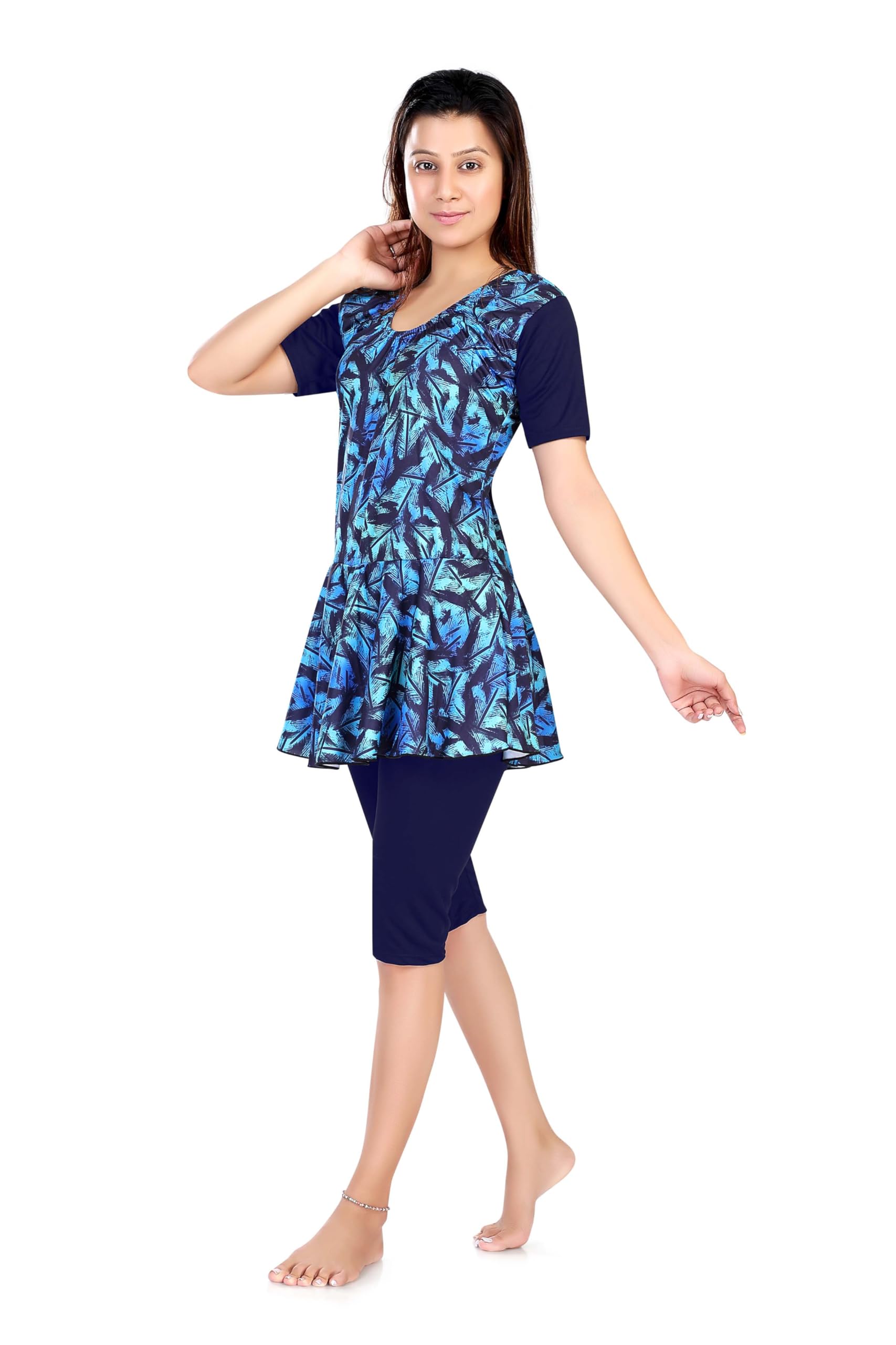 Poly Jersy - Printed Swimming Costume for Women Frock Style [Half Sleeves - Half Length - Without Pads]-image-19