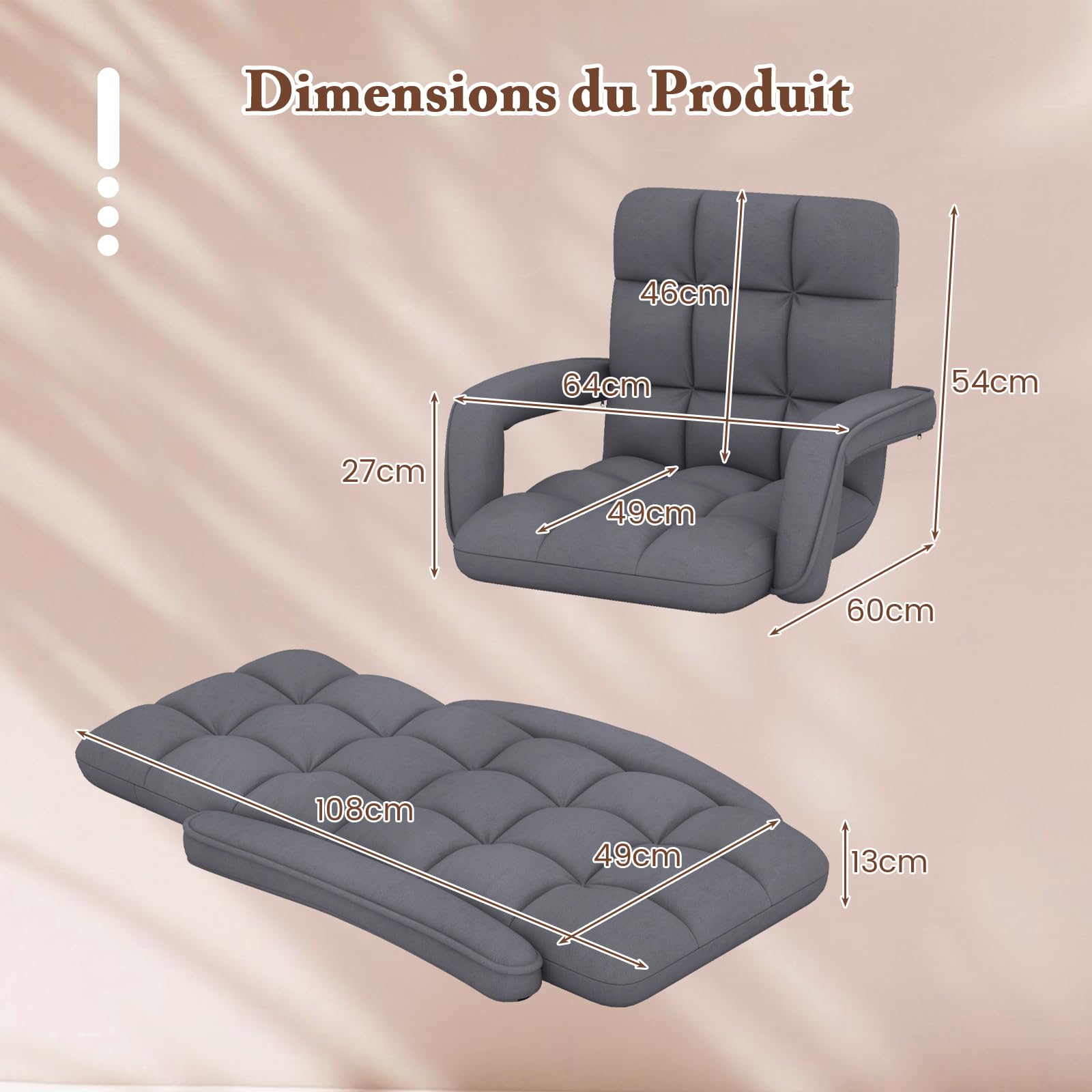 COSTWAY Canapé Paresseux Tatami Pliable, Fauteuil de Sol Réglable, Chaise de Plancher Inclinable, Siège de Sol pour Maison, Bureau, 108 x 64 x 13 cm (Gris)