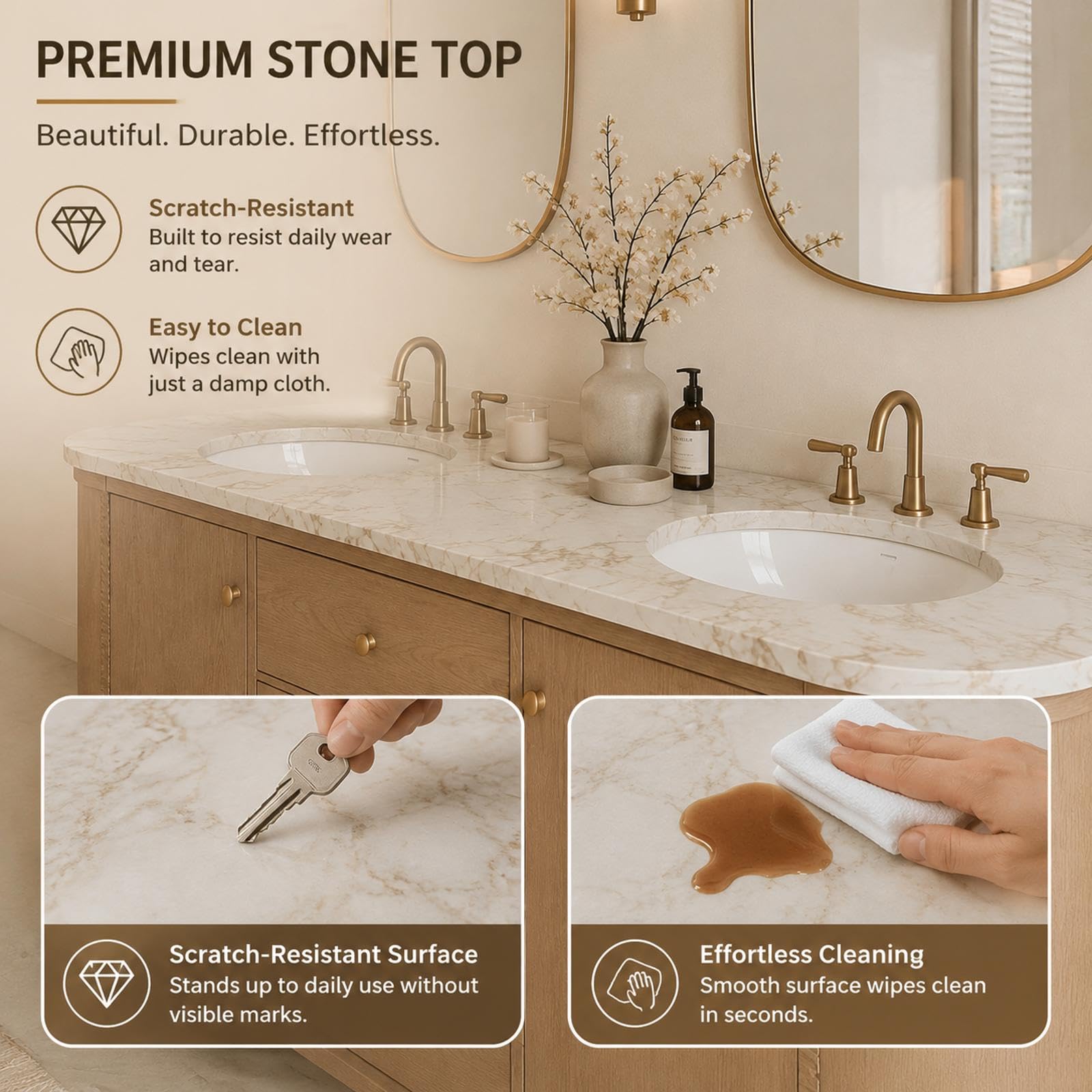 Meuble de salle de bain autoportant à double lavabo de 152,4 cm | Dessus en marbre moderne | Design incurvé | Grand espace de rangement | Bois imperméable | Finition personnalisable de luxe | Mise à