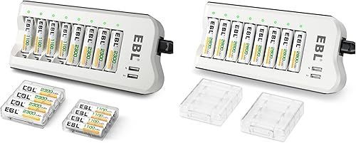 EBL Cargador de batería independiente con combo de baterías recargables AA AAA