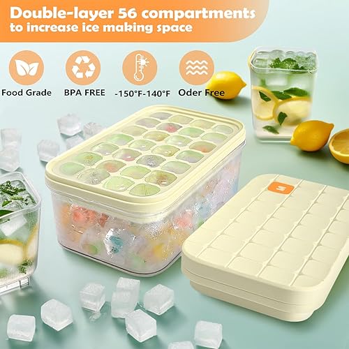 Miniatura 2 de Bandeja para cubitos de hielo con tapa y contenedor, paquete de 2 bandejas de hielo para congelador, 28 x 2 moldes para cubitos de hielo, molde para