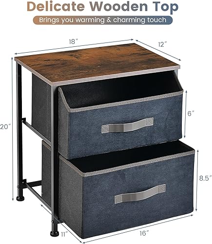 Miniatura 3 de Giantex Mesita de noche con 2 cajones, juego de 2, mesa auxiliar pequeña con contenedores de tela extraíbles y parte superior de madera, marco de