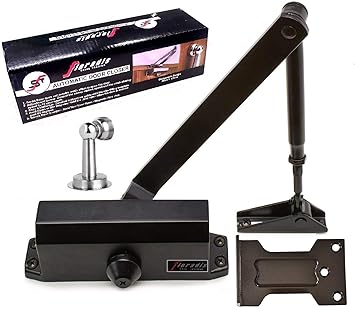 Floradis Automatic Black Door Closer with Hold Open and Parallel Plate. Suitable for Light Doors 55-100 lbs. Magnetic Door Stopper