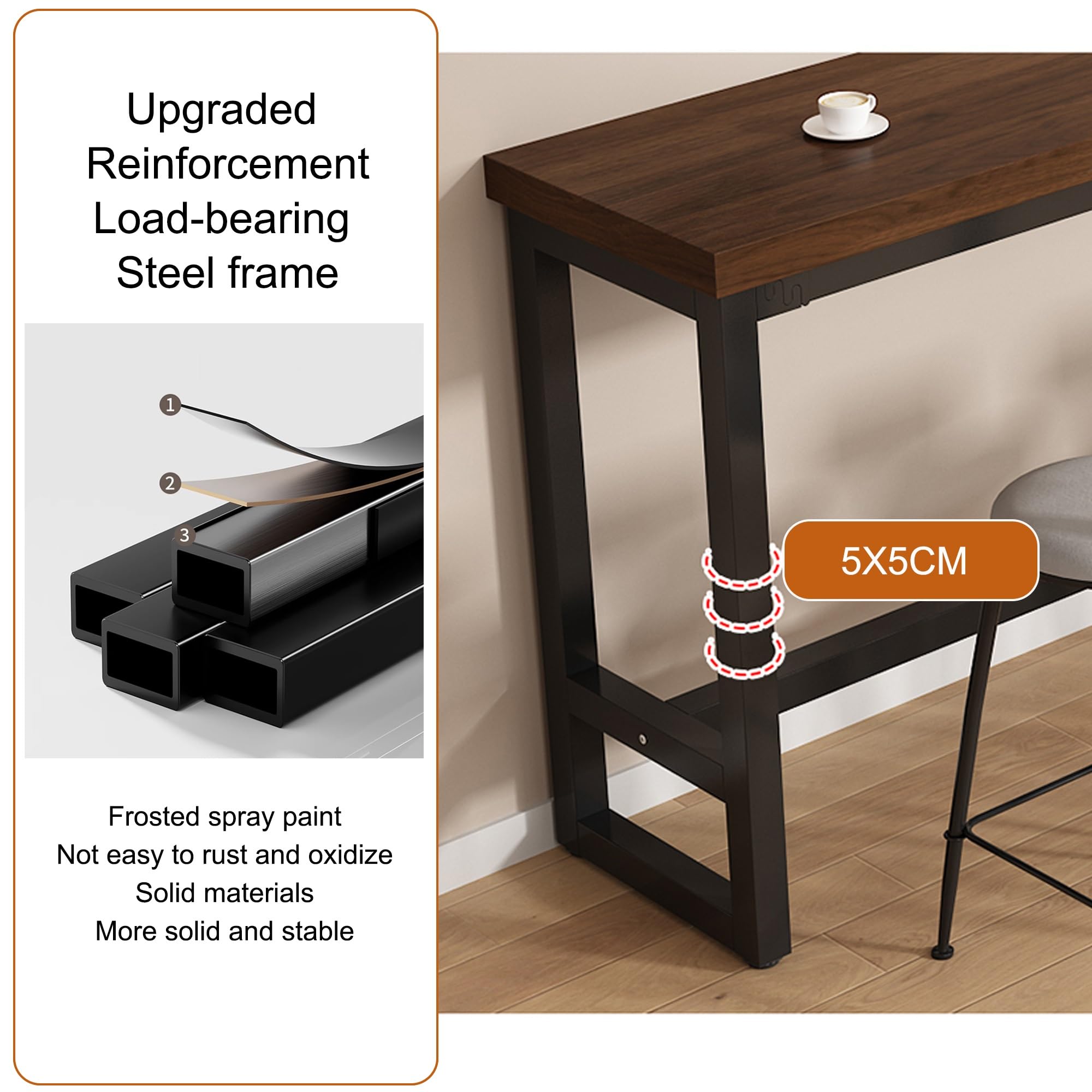 Tavolo da bar in legno massello stretto – 180,3 cm altezza bancone tavolo da pub con base in metallo per cucina, caffetteria, sala da pranzo – design moderno (sedie non incluse)