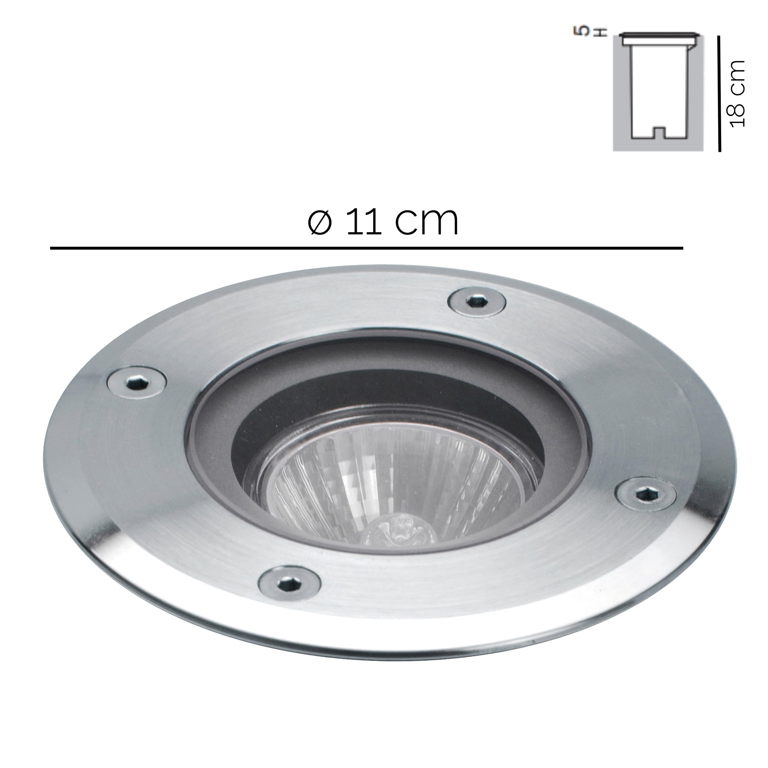 Empotrable de suelo BORA para exterior IP67, empotrable para exterior moderno de diámetro ø11 cm para pasillos, caminos o senderos, patios o zonas de paso, GU10 4,5W, inox