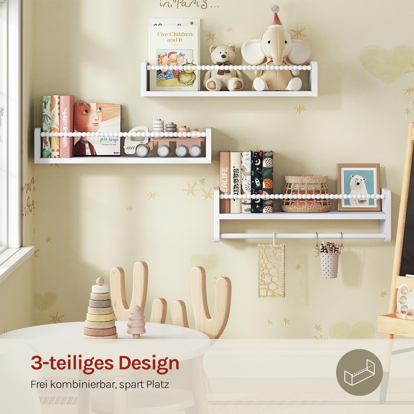 WOLTU 3er Set Kinder Bücherregal Wand, 50cm Wandregal Kinderzimmer, aus Massivholz, Hängeregal Schweberegal Kinderregal, Montessori Regal, für Bücher Spielzeug, Weiß