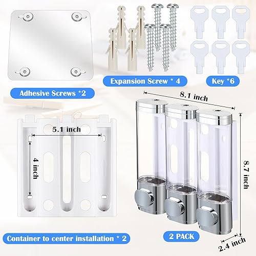 Miniatura 5 de Dispensador de jabón de ducha 3 en 1, dispensador de champú y acondicionador montado en la pared, dispensador de 3 cámaras sin taladro, separador de