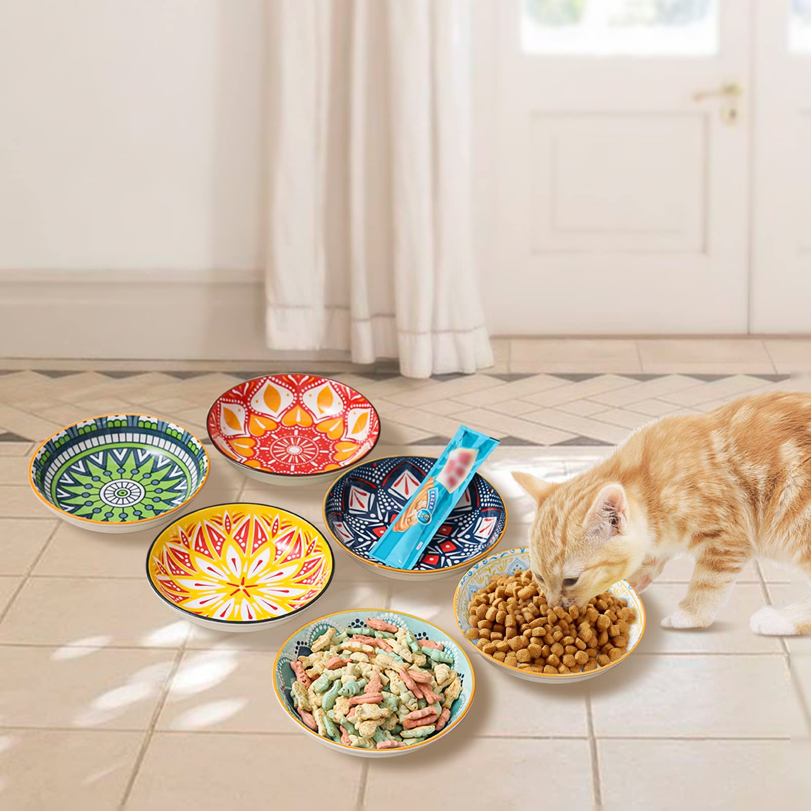 Ceramic Cat Bowls Set of 6, Colorful Cute Shallow Cat Dishes, Great for Multi-Pet Homes, 5.6 Inch, Whisker Friendly and Wide - Image 3