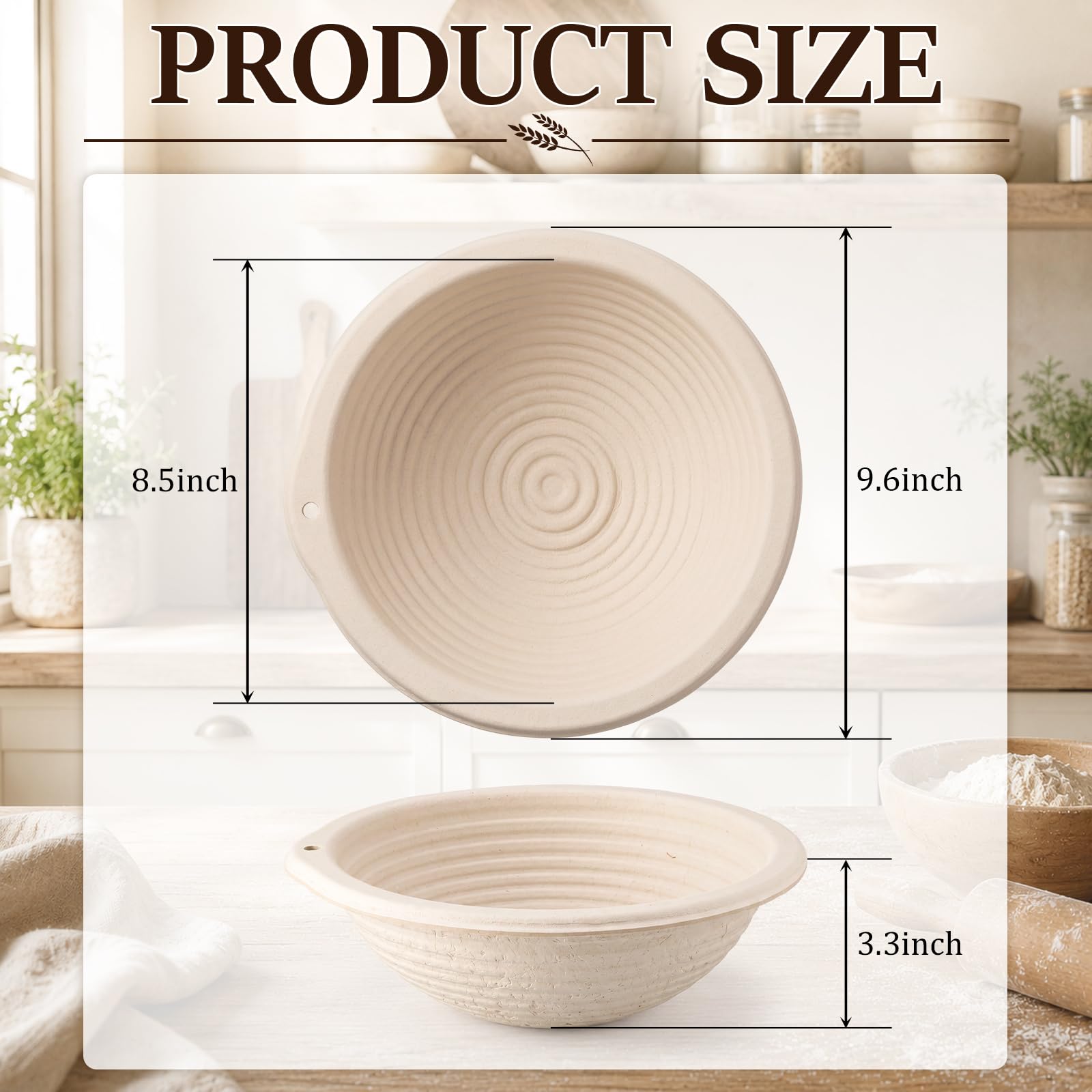 4 Stück 21,6 cm Zuckerrohr-Zellstoff-Banneton-Brotgärkörbe, runder Sauerteig-Gärkörbe, Teiggär-Schüssel für Sauerteig-Brotbacken, Heimbäckerei-Zubehör