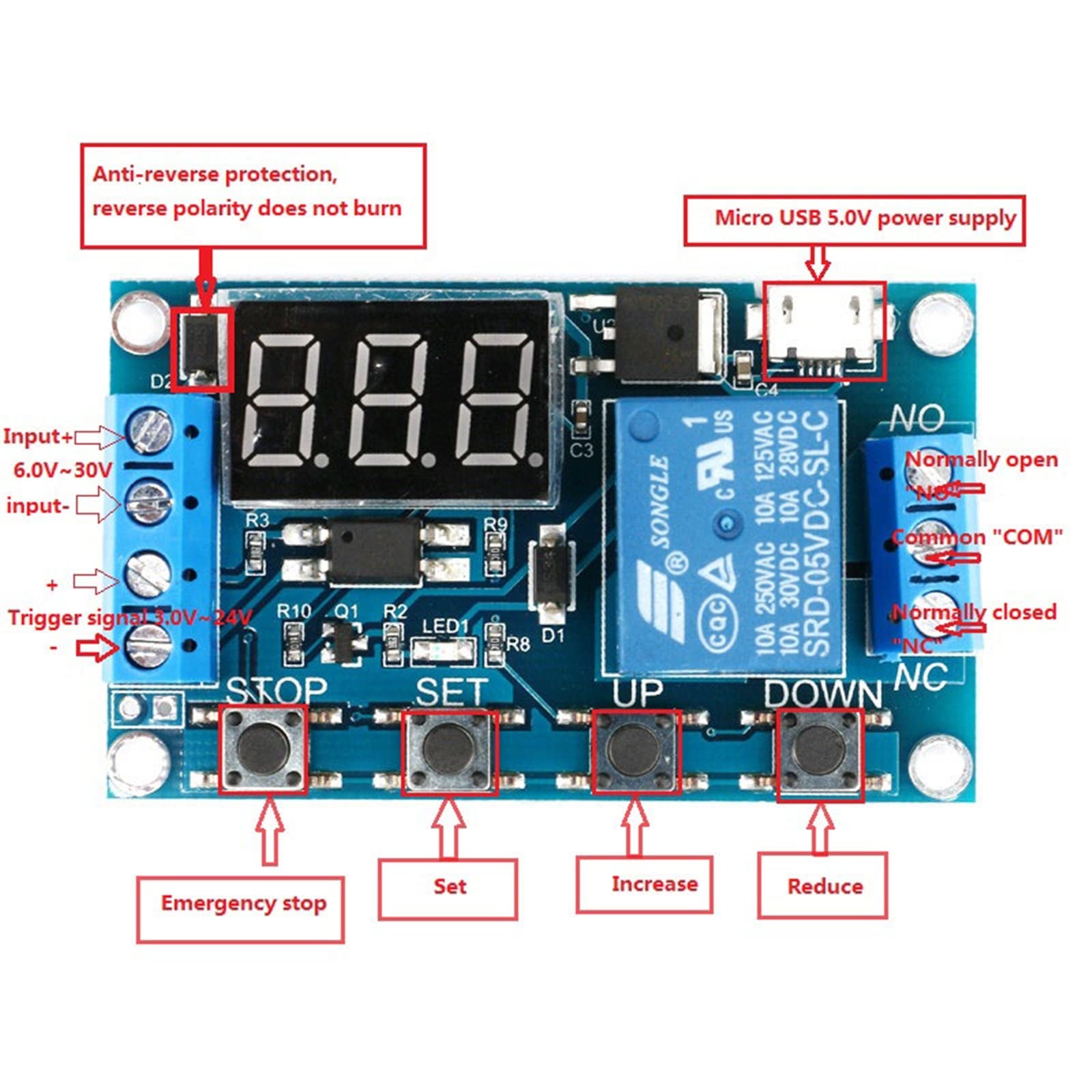 DC 6-30 V, obsługuje Micro-USB 5, wyświetlacz LED, timer opóźnienia w cyklu automatyzacji, sterowanie wyłącznikiem, przekaźnik czasu opóźnienia 6, 9, 12, 24 (niebieski przekaźnik)