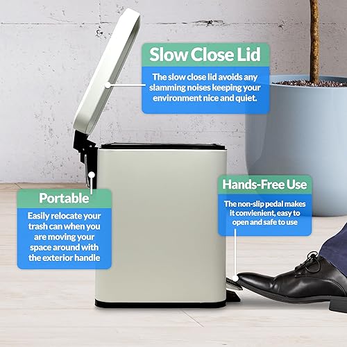 Miniatura 4 de Reli. Cubo de basura pequeño con tapa, 1.3 galones (5 litros), acero inoxidable (blanco), cubo de basura pequeño para baño, cubo de basura con pedal