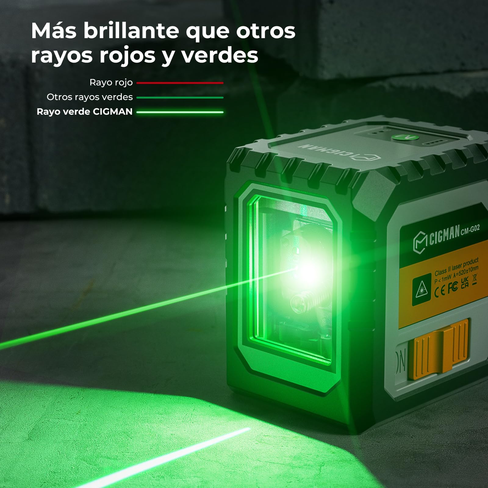 CIGMAN Nivel Láser Verde, Nivel láser autonivelante recargable, puerto Type-C, 3 Modos Autonivelación/Manual/Pulso, Adaptador 1/4" macho a 5/8" hembra, nivel láser de línea cruzada CM-G02, 30M, IP54