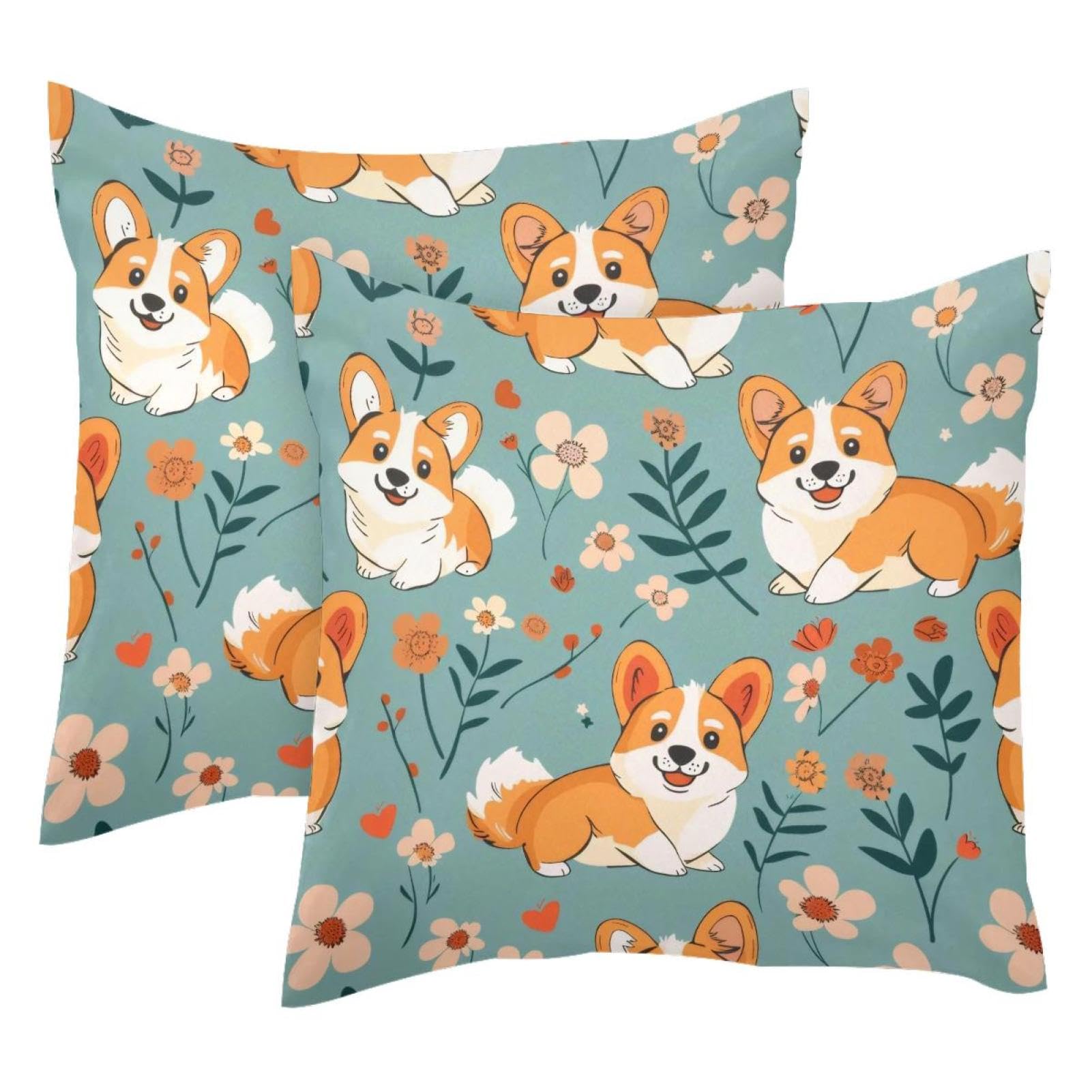 Housses de coussin velours Corgi motif fleur 50x50 cm lot de 2 taies canapé