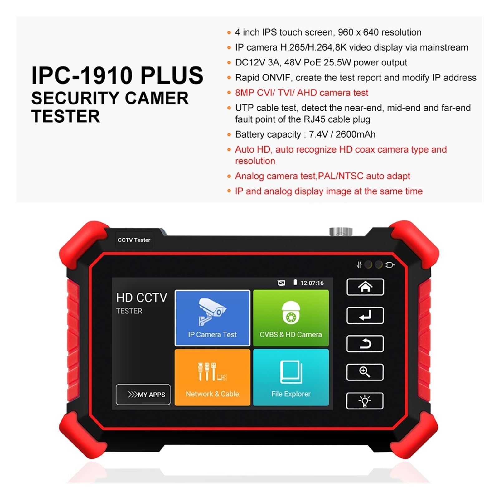 Tester IPC Da 4 Pollici 8K Supporto 8MP AHD/CVI/TVI Tester For Telecamere Analogiche Monitor CCTV Tester For Tester For Telecamere IP(IPC-1910)