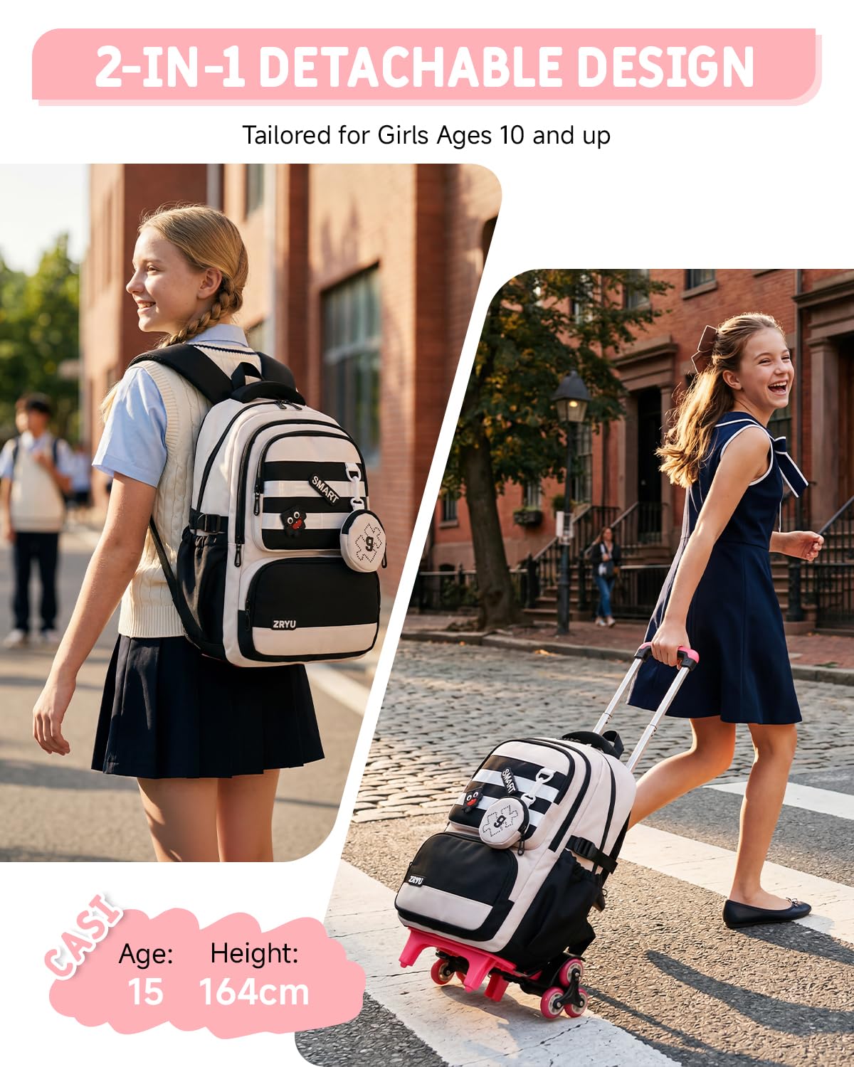 Tanou Zaino Trolley Scuola Elementare e Media per Ragazze Adolescenti 30 L | Staccabile Zaino Rotelle Bambina, Zaino Casual con Ruote in Nylon Impermeabile per la Scuola Viaggio, Nero